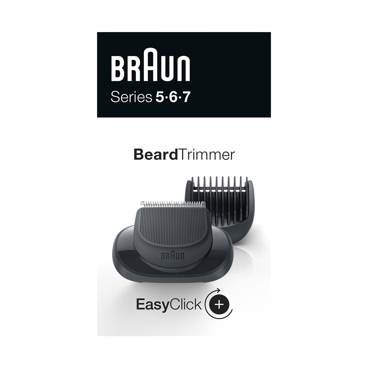 Set tagliabarba Braun. Base nera con due testine e il logo Braun. Sfondo bianco.