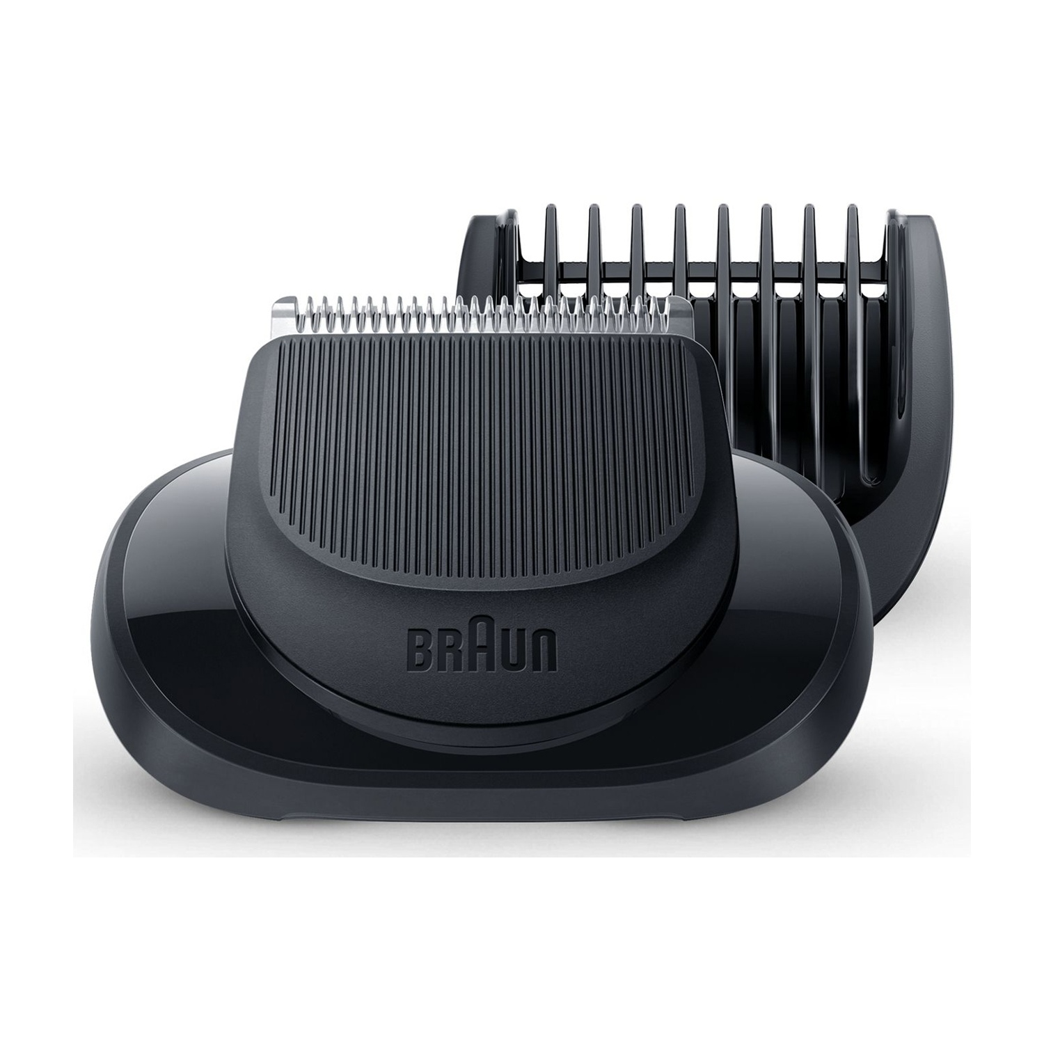 Accessori neri per regolabarba Braun. Uno con pettini, uno per tagliare.