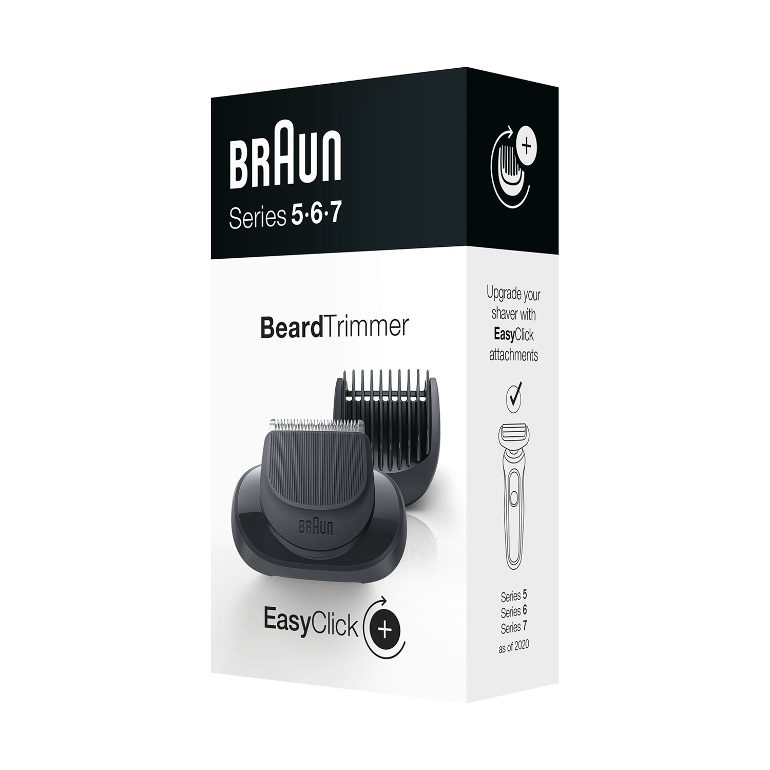 Scatola del regolabarba Braun. La scatola mostra il regolabarba e gli accessori EasyClick.