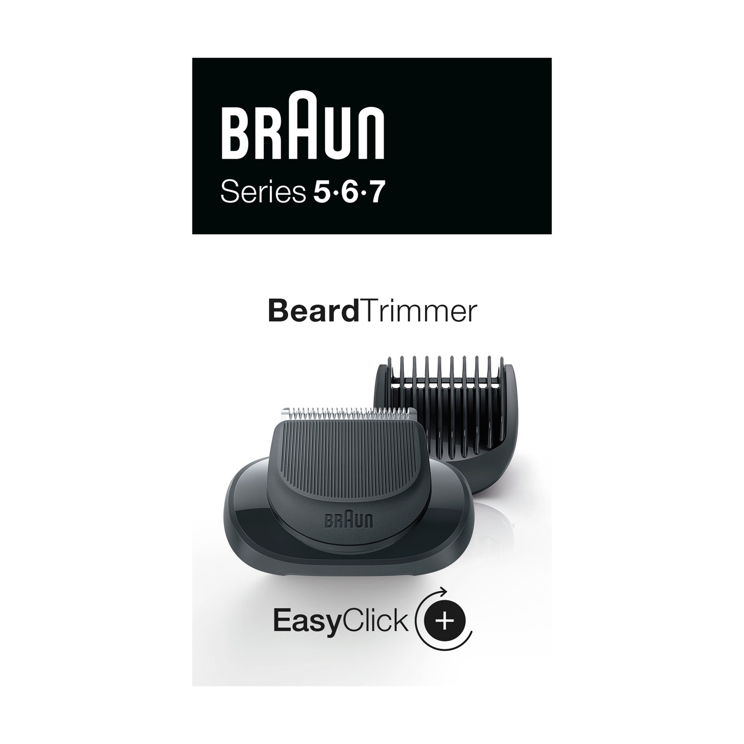 Regolabarba Braun con due accessori. Il nome del prodotto e il logo sono visibili, su sfondo bianco.