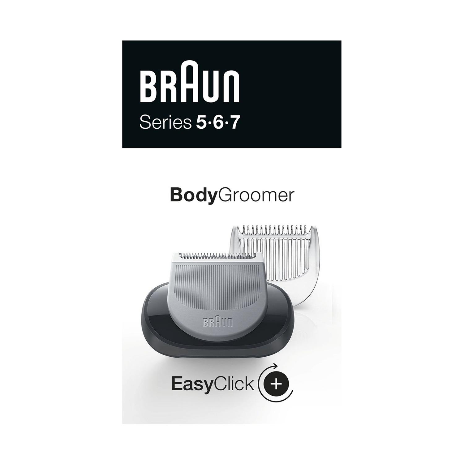 Braun BodyGroomer con accessori e logo su sfondo bianco.