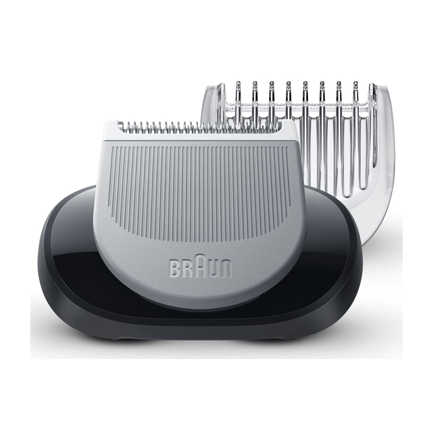 Accessori per regolabarba Braun su base nera. Un accessorio mostra i denti.