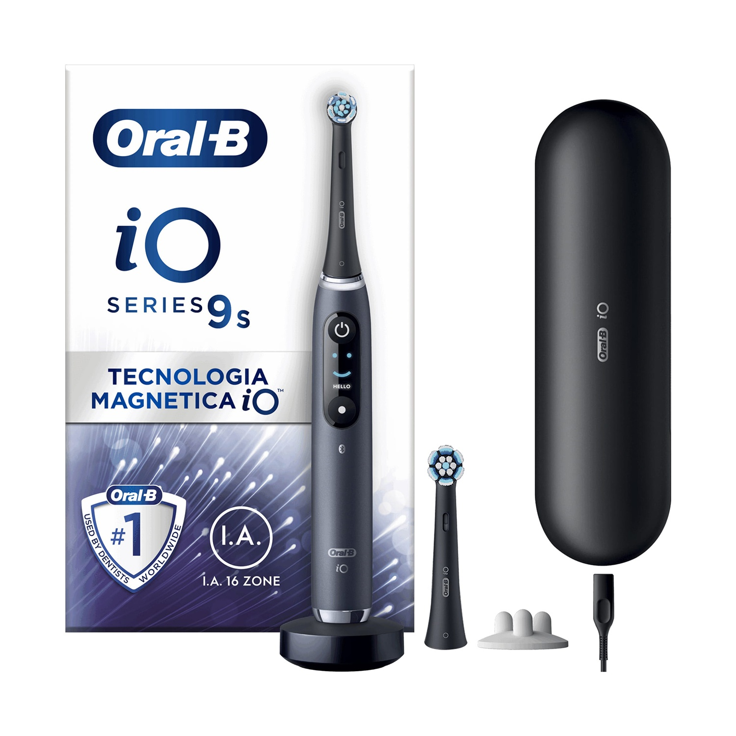 Un kit spazzolino elettrico Oral-B iO Series 9s. Include spazzolino, caricatore, custodia da viaggio e testine.
