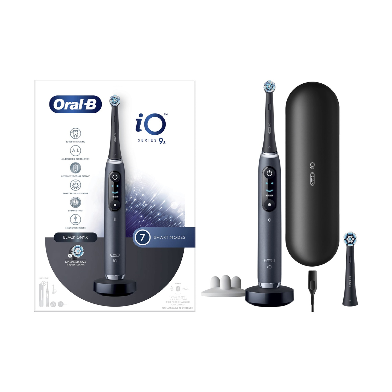 Il kit spazzolino elettrico Oral-B iO Series 9s su sfondo bianco. Include spazzolino, custodia e altri accessori.