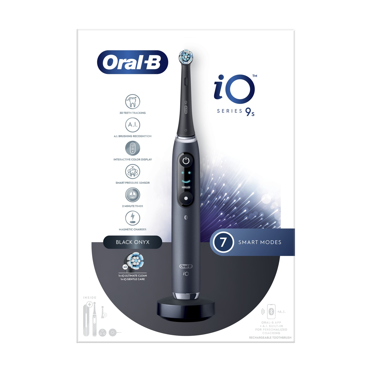Uno spazzolino ricaricabile nero Oral-B iO Series 9s con display.