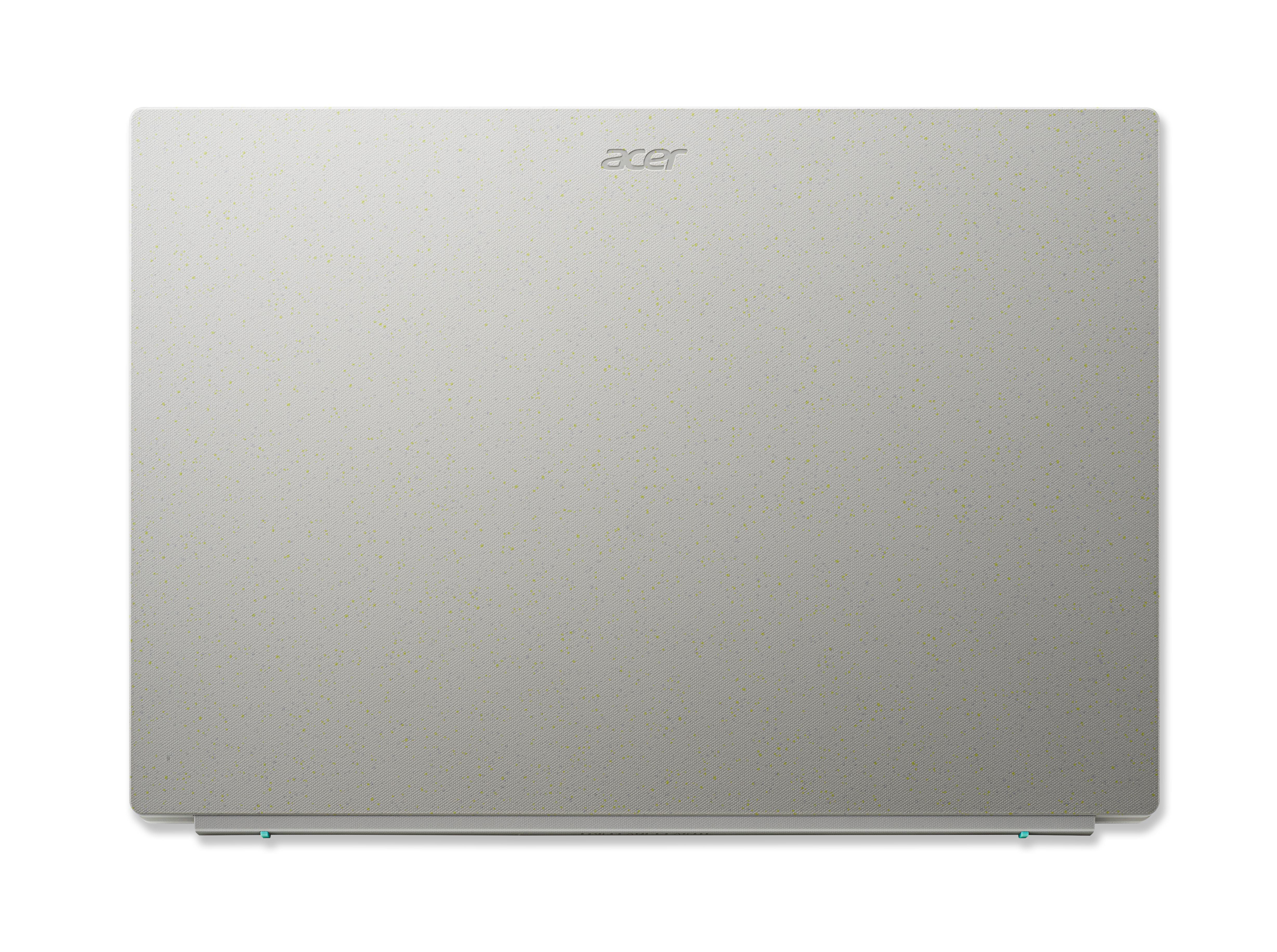 Draufsicht auf einen grauen Acer-Laptop. Der Deckel ist geschlossen, mit dem Acer-Logo und einer strukturierten Oberfläche.