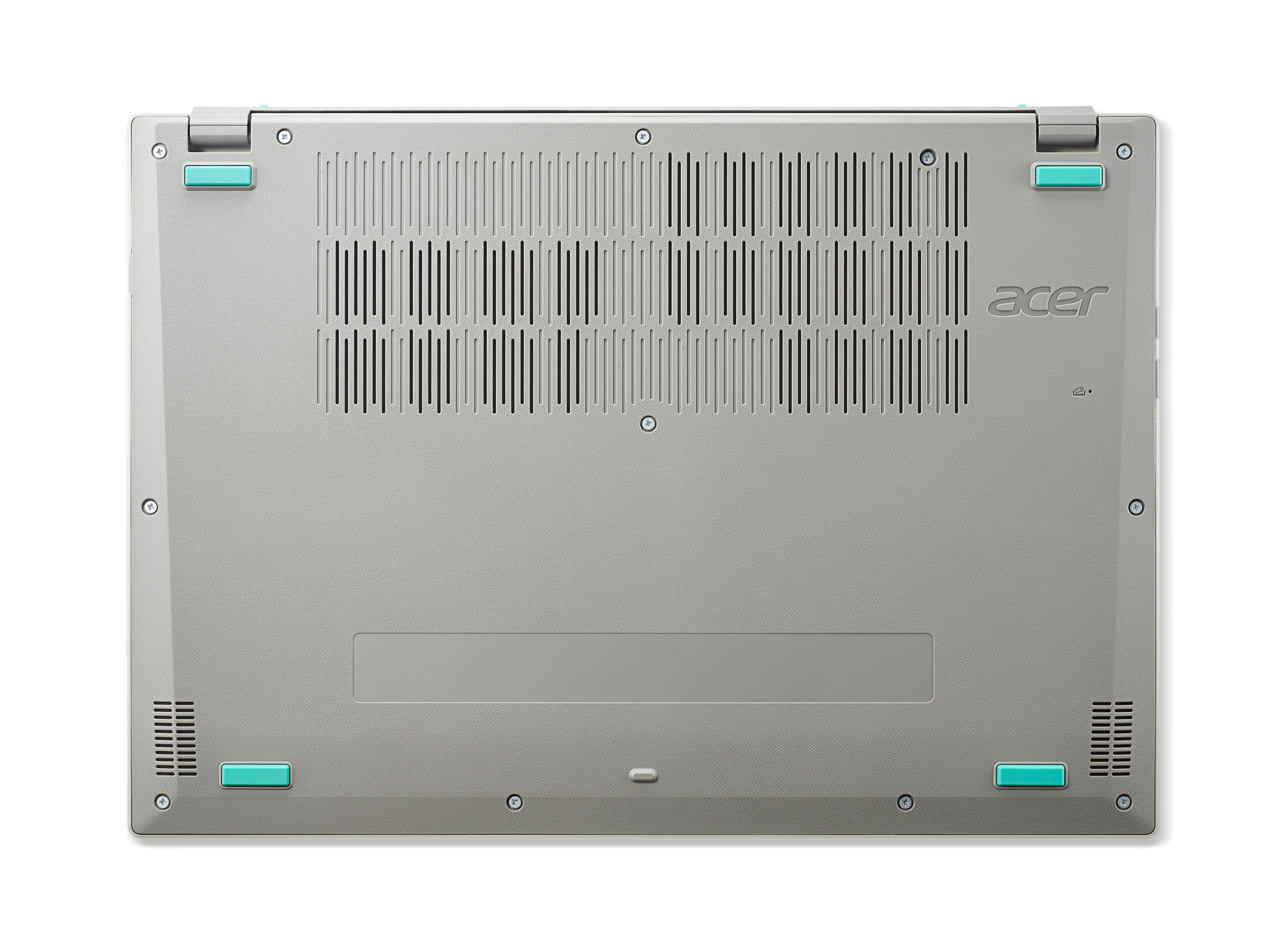 Unteransicht eines grauen Acer-Laptops. Merkmale sind Belüftungsöffnungen, Anschlüsse und vier hellblaue Gummifüße.