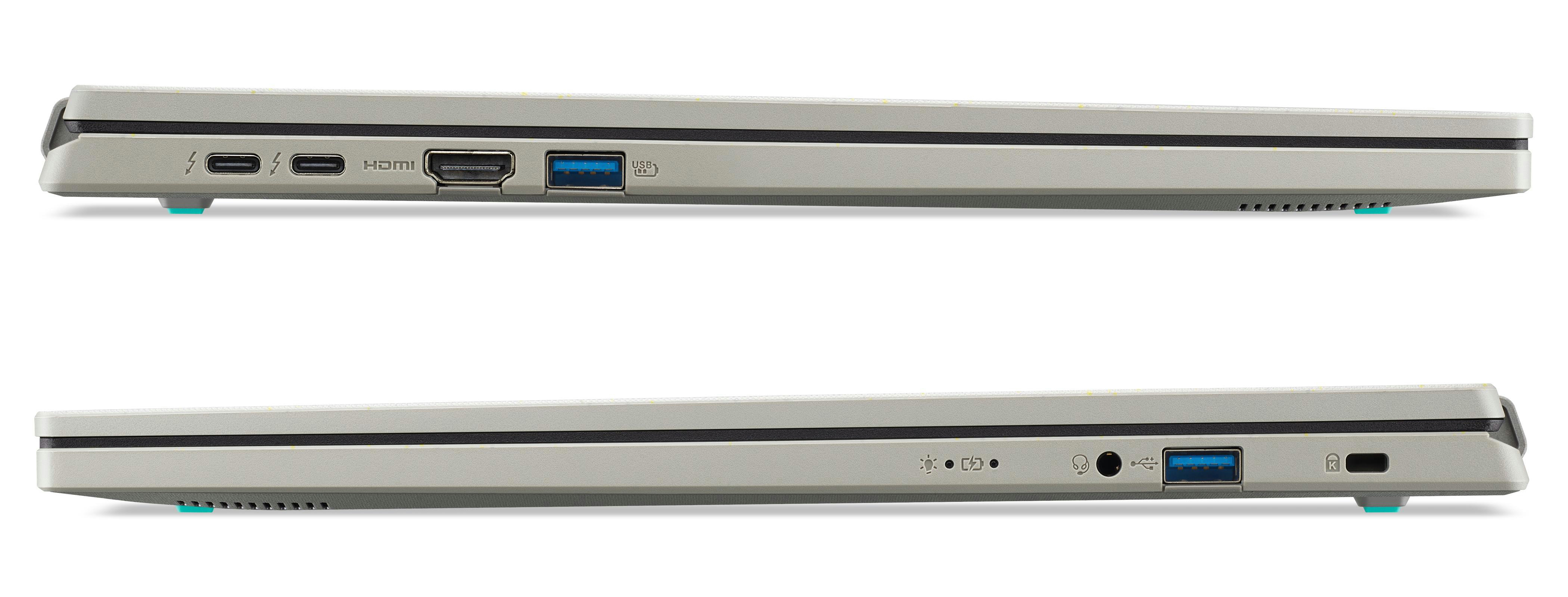 Zwei Seitenansichten eines grauen Acer-Laptops mit Anschlüssen. Eine Seite hat Anschlüsse, die andere hat einen USB-Anschluss und Kensington-Schloss.