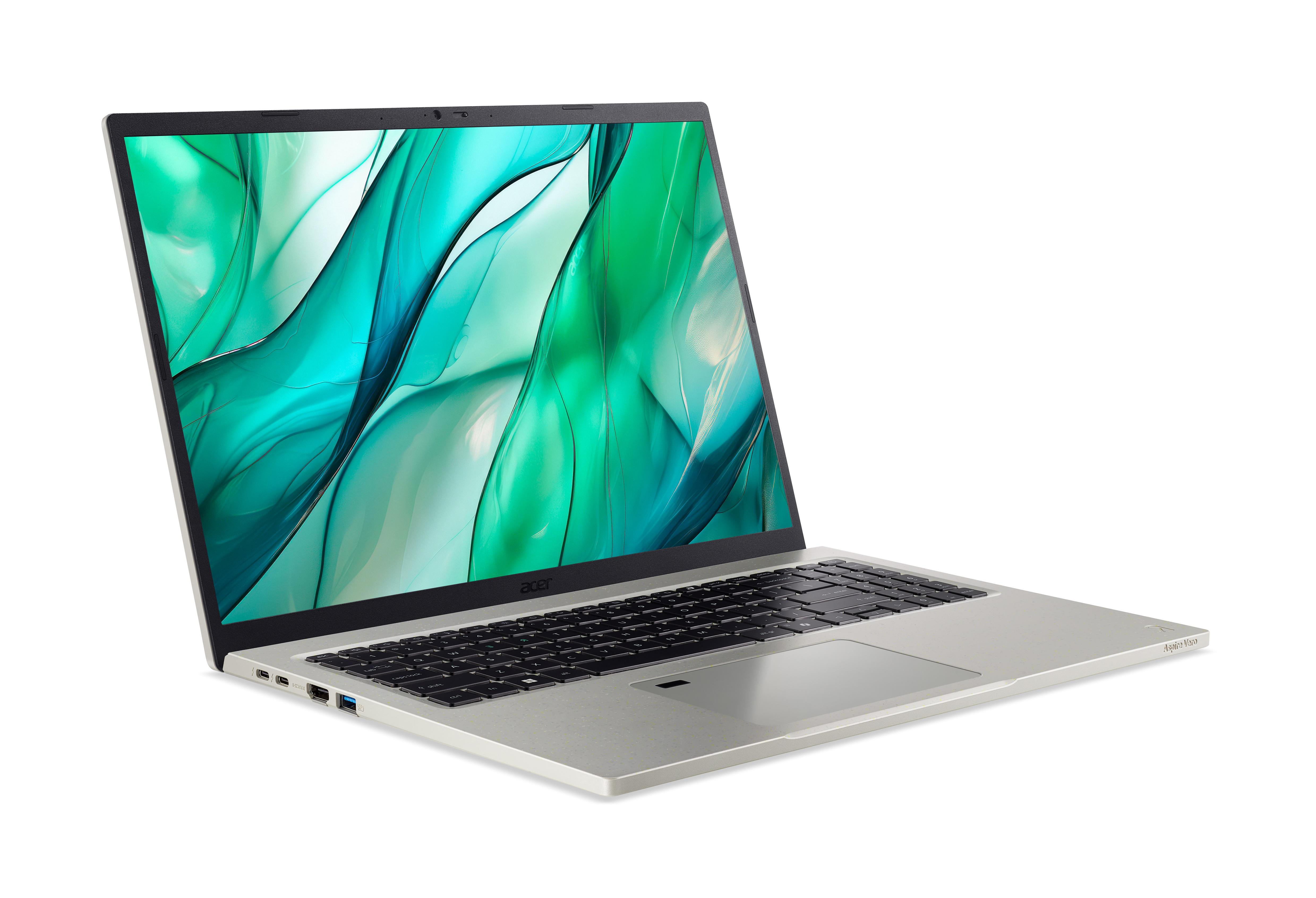 Schräge Ansicht eines grauen Acer-Laptops mit geöffnetem Bildschirm, der ein grünes und weißes abstraktes Design zeigt. Schwarze Tastatur und Silber-Finish.