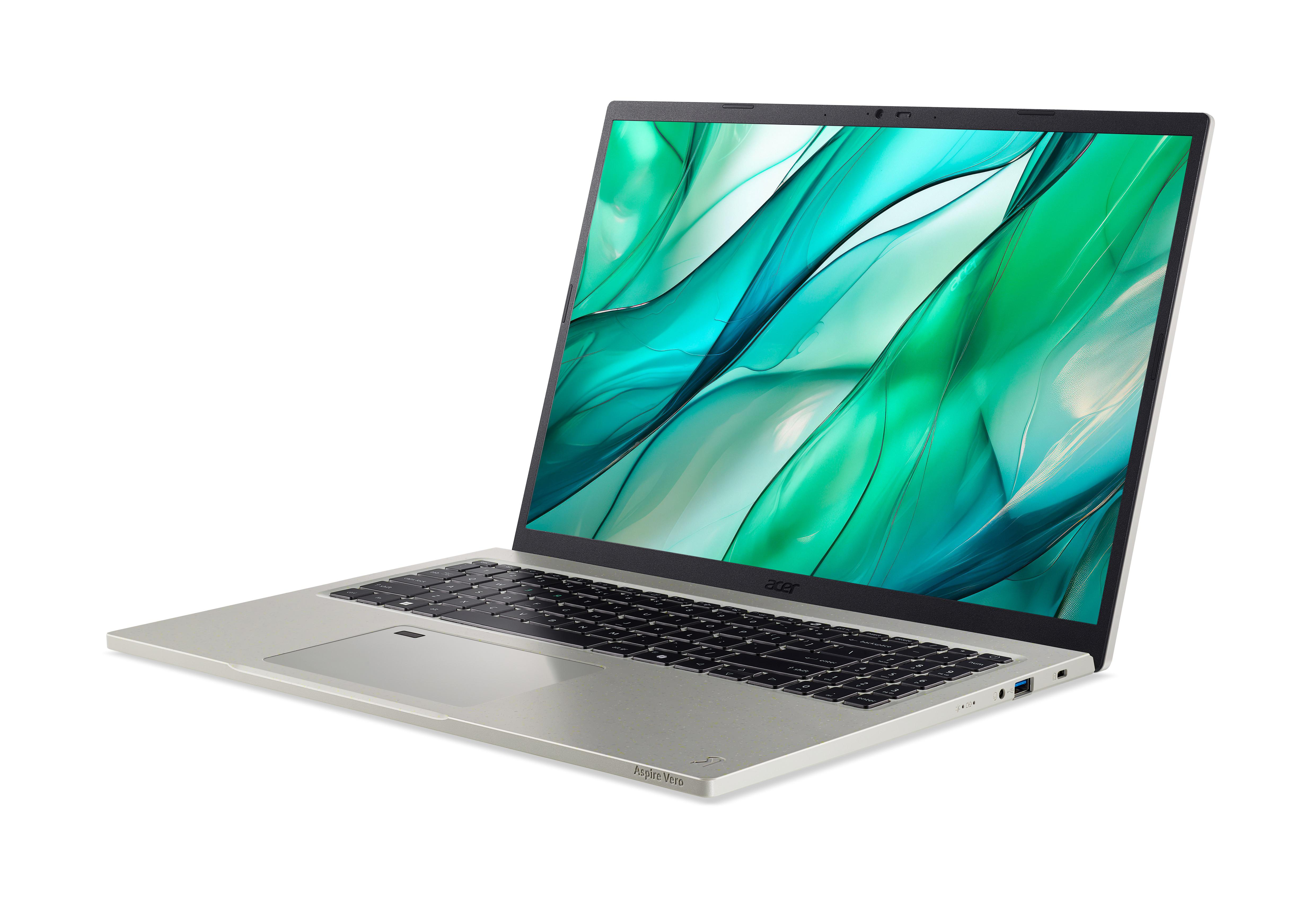 Schräge Ansicht eines grauen Acer-Laptops mit geöffnetem Bildschirm, der ein grünes und weißes abstraktes Design zeigt. Schwarze Tastatur und Silber-Finish.