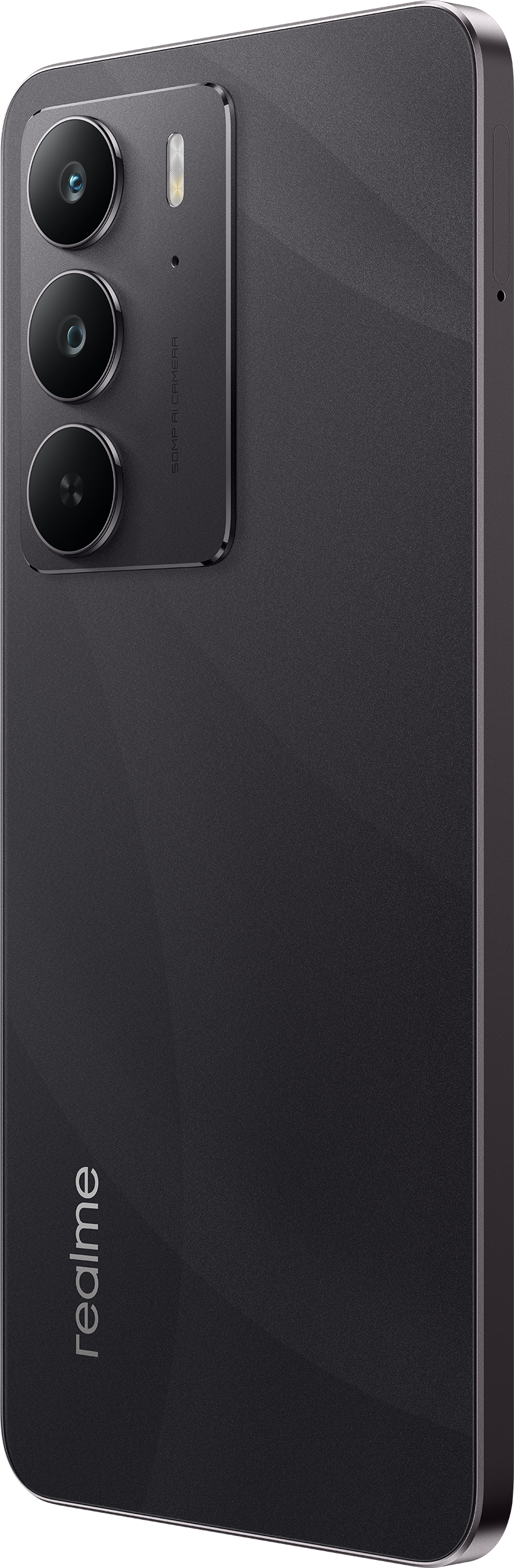 Fekete okostelefon, három hátlapi kamera, vaku és a Realme logó, ferde nézet.