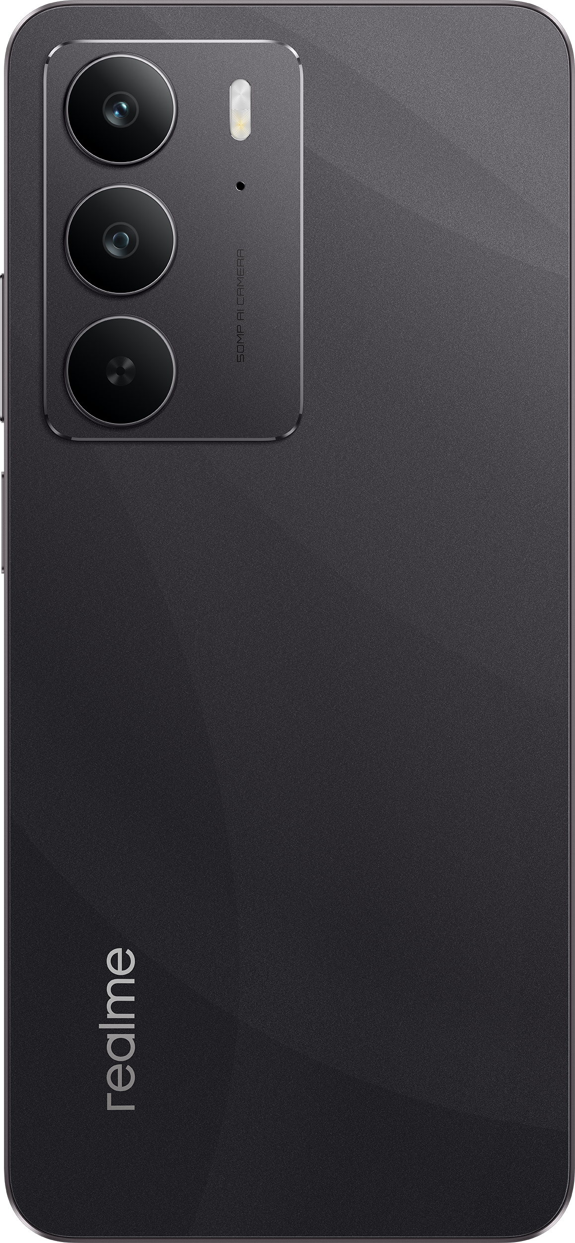 Fekete telefon három kamerával és Realme logóval.