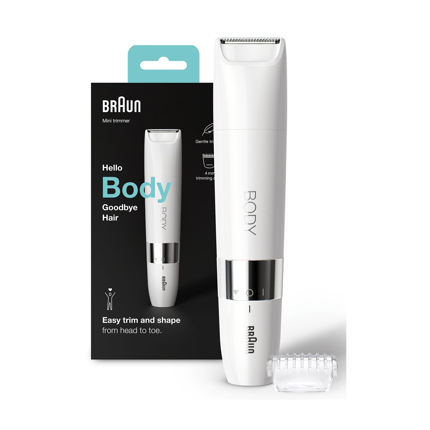 Un trimmer Braun Mini bianco e una scatola. Il trimmer è a destra. Lo sfondo è bianco.