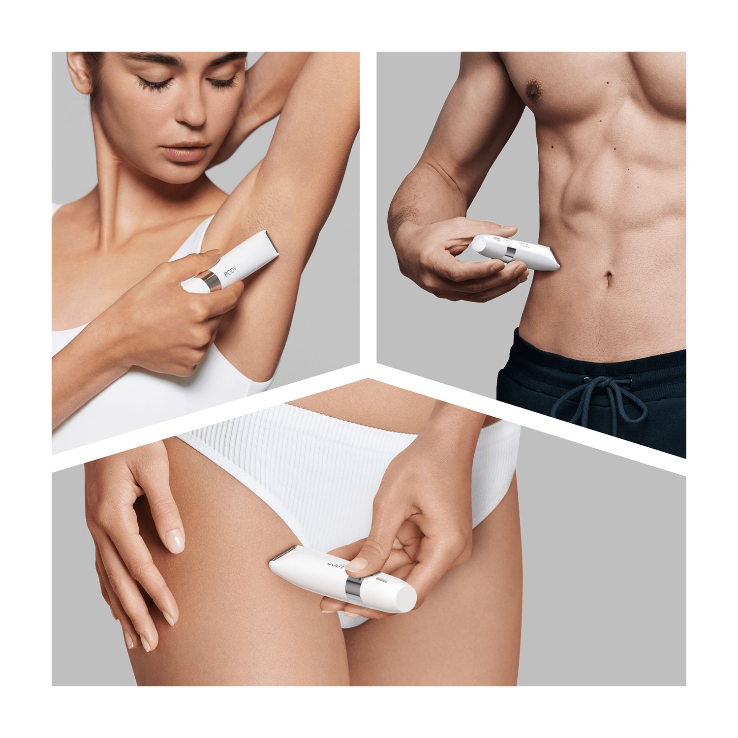 Persone che usano un rifinitore per il corpo bianco, tre viste diverse.