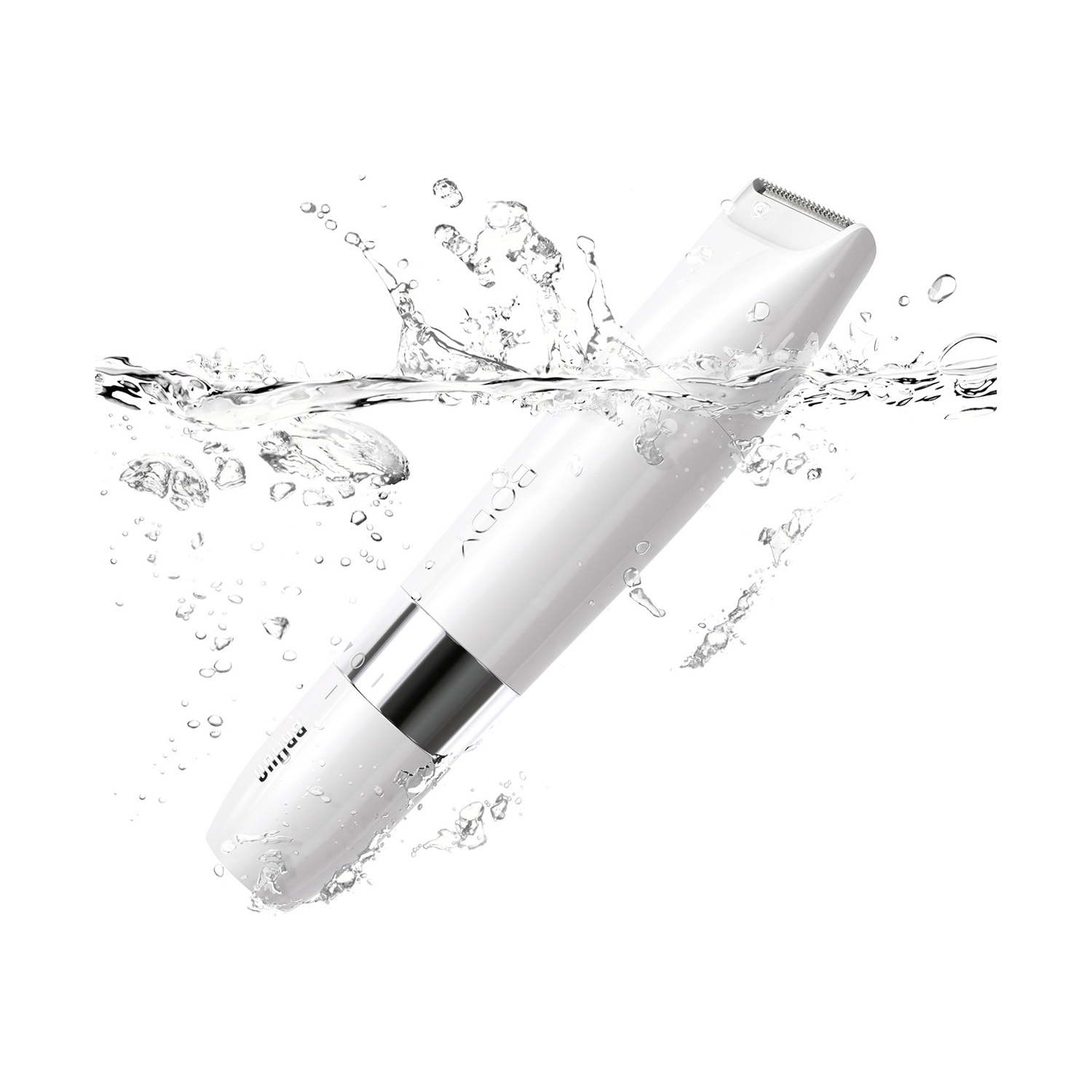 Rifinitore bianco nell'acqua con spruzzi, sfondo bianco.
