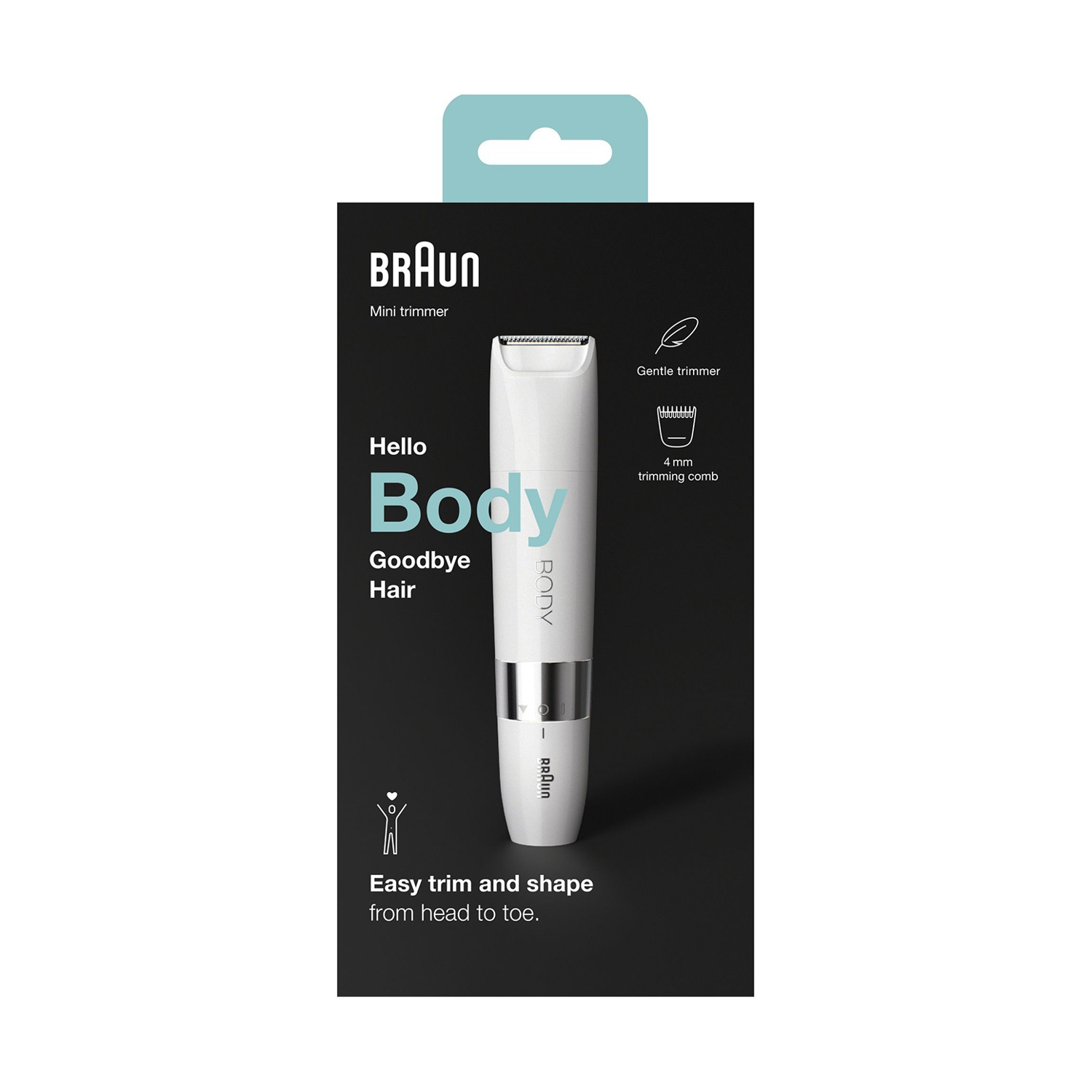 Braun Mini trimmer in una scatola con un trimmer bianco, sfondo nero.