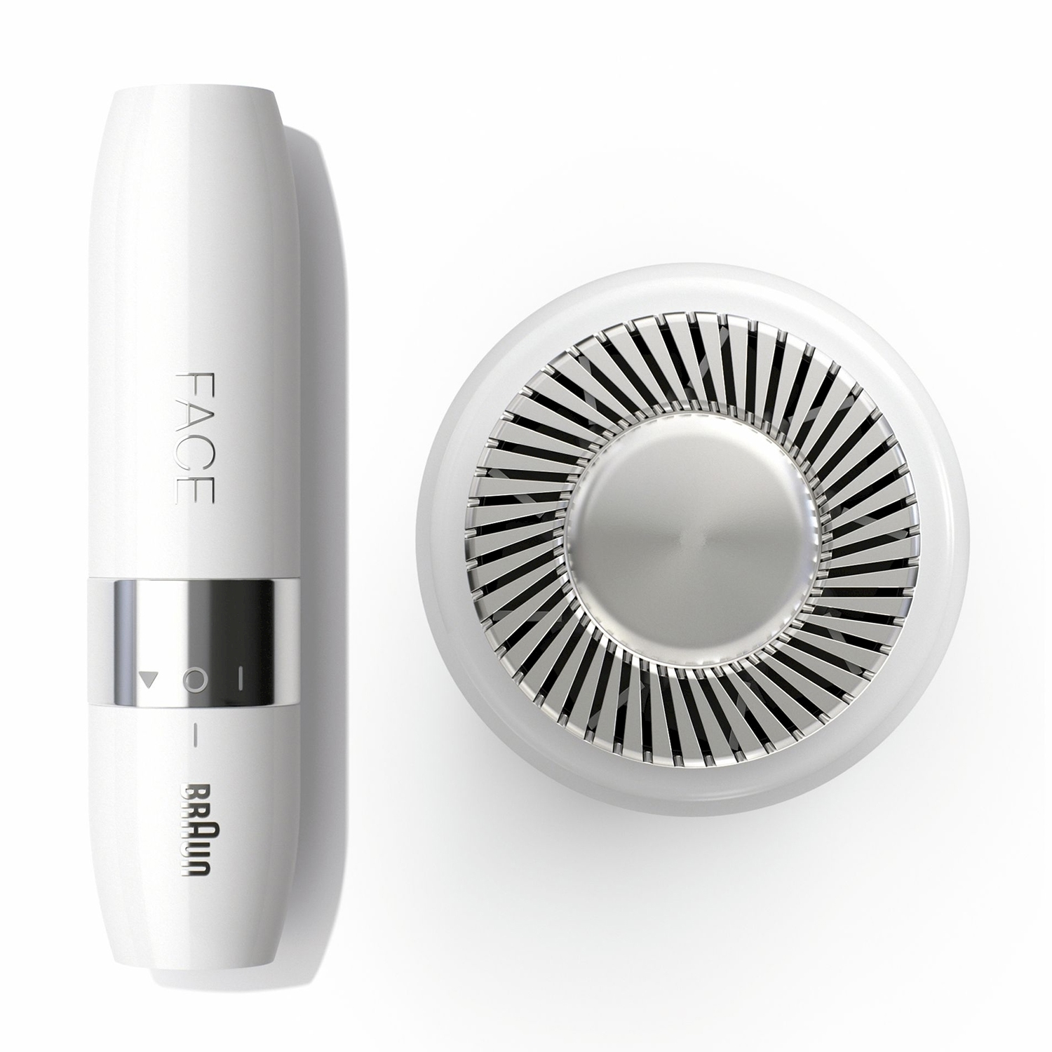 Rasoio elettrico bianco, due viste: lato con 'FACE' e parte superiore con prese d'aria.