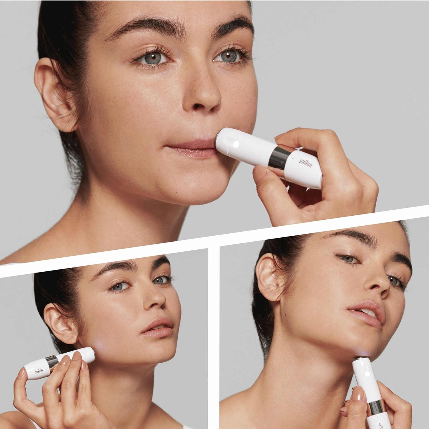 Una donna che usa un epilatore facciale Braun, mostrando diverse applicazioni.