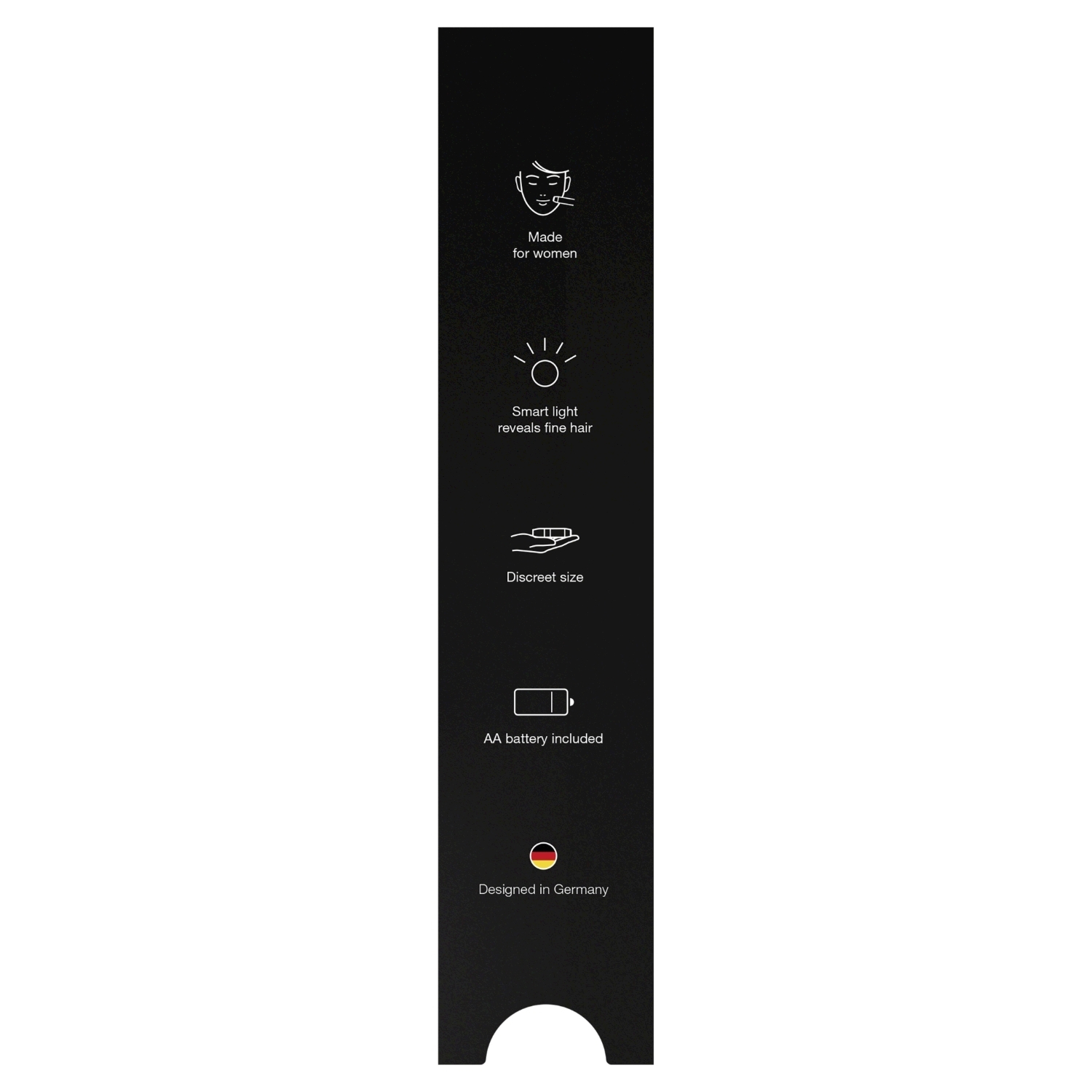 Un pannello nero con icone e testo. Icone: viso di donna, luce, piccole dimensioni, batteria AA. Testo: Realizzato per le donne, ecc.