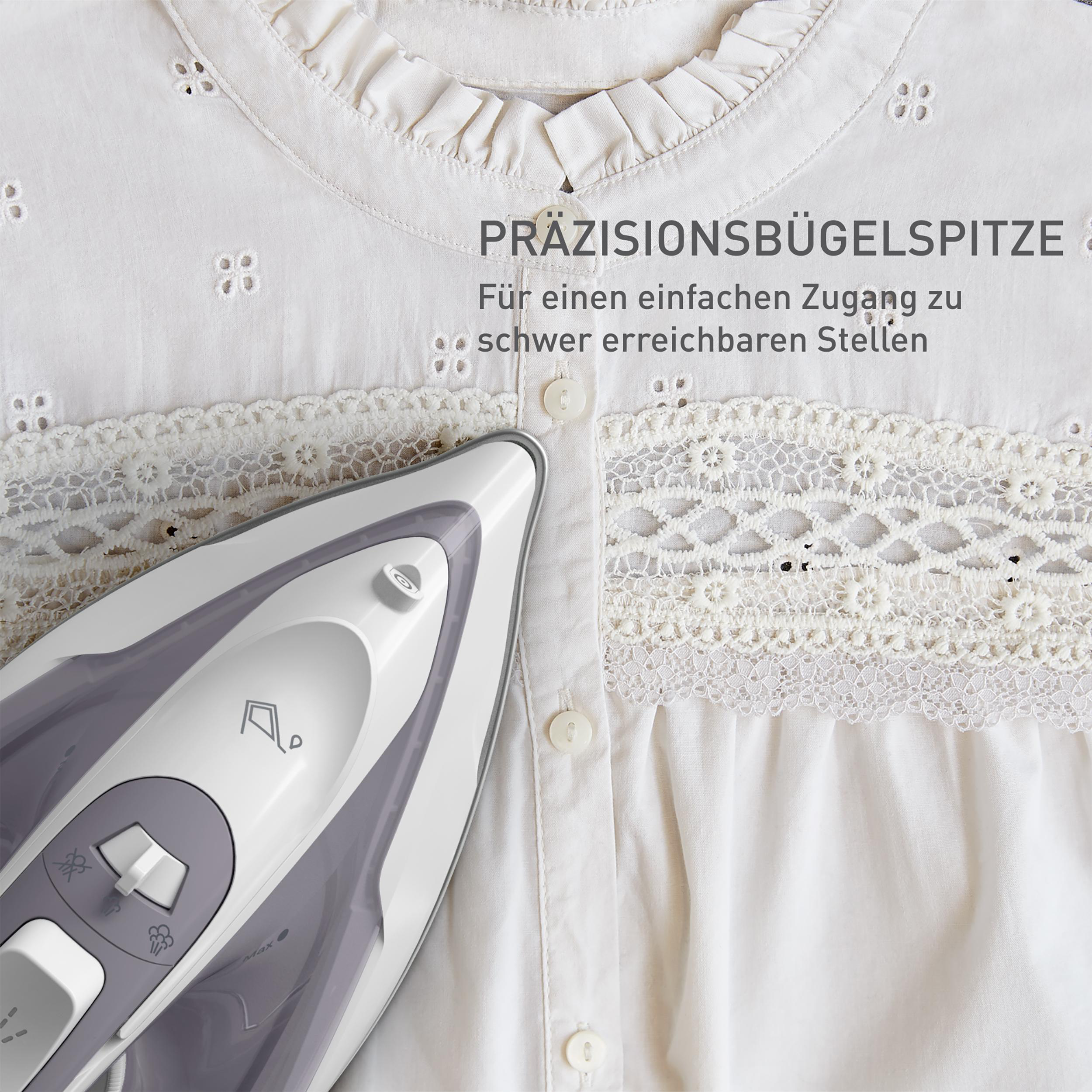 Bügeleisen auf weißem Hemd, mit Text, der die präzise Bügelspitze beschreibt.