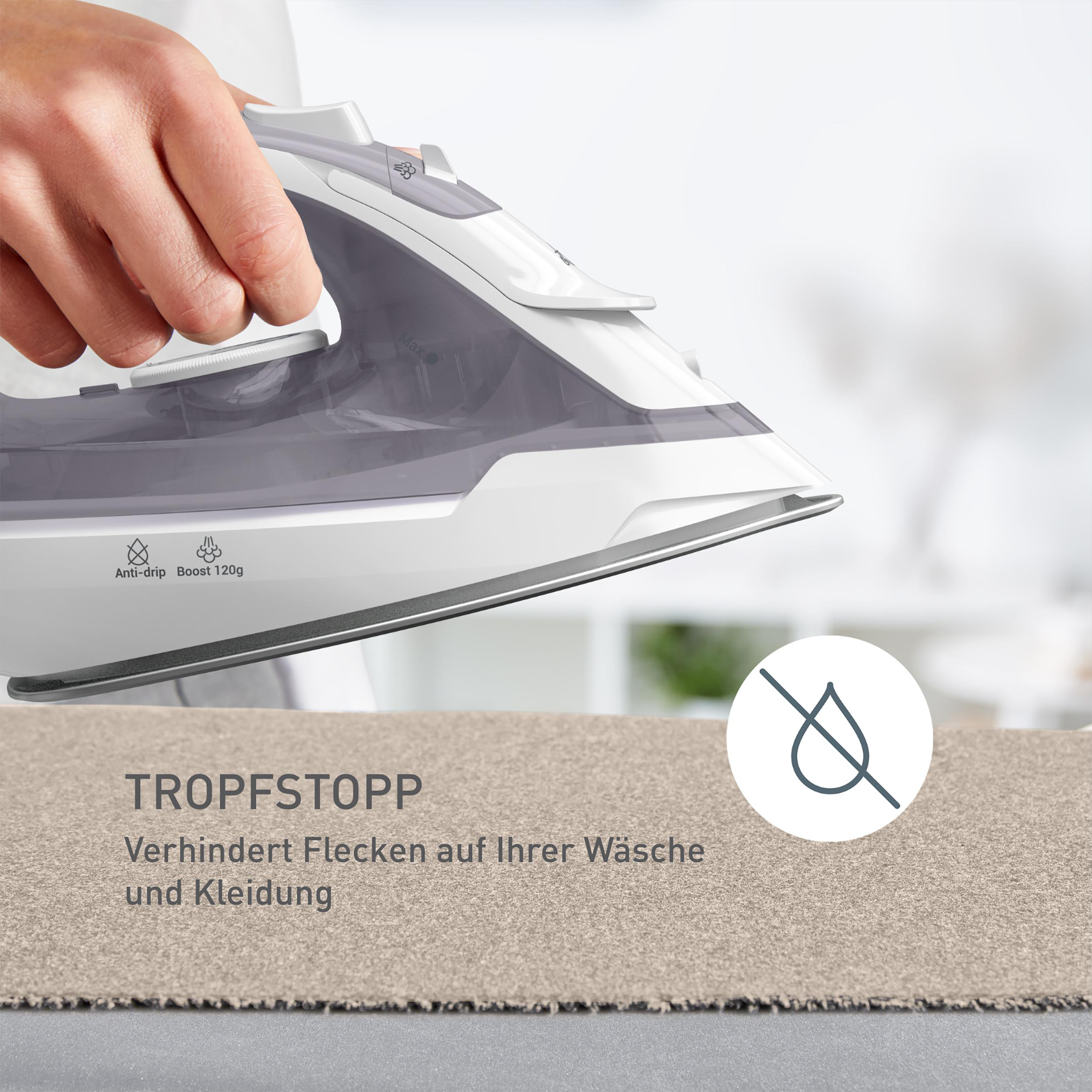 Hand hält weißes und graues Bügeleisen, mit Text zu Anti-Tropf- und Boost-Funktionen.