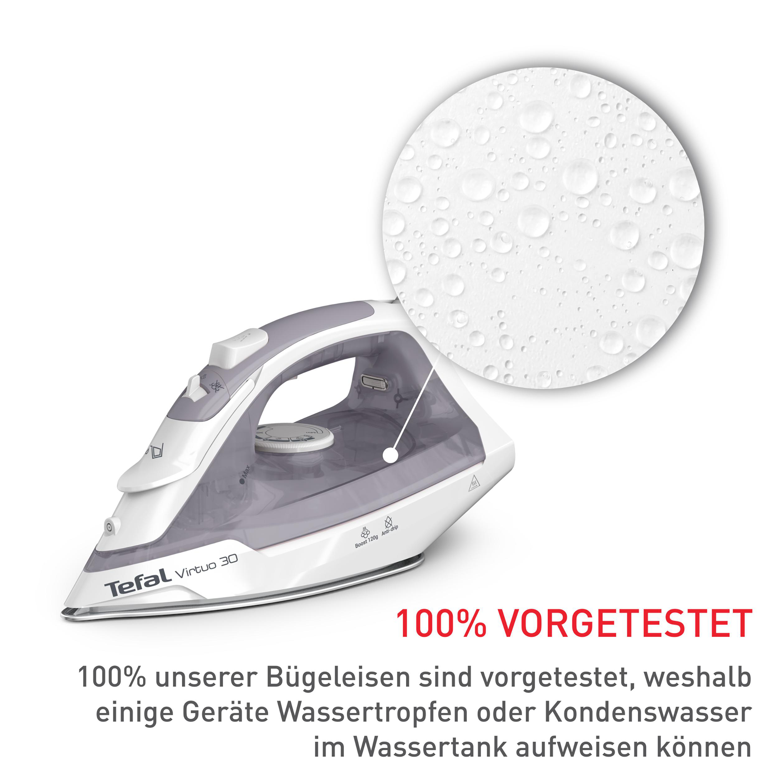 Weißes und graues Bügeleisen mit Wassertropfen-Nahaufnahme und Text über Vorabtests.