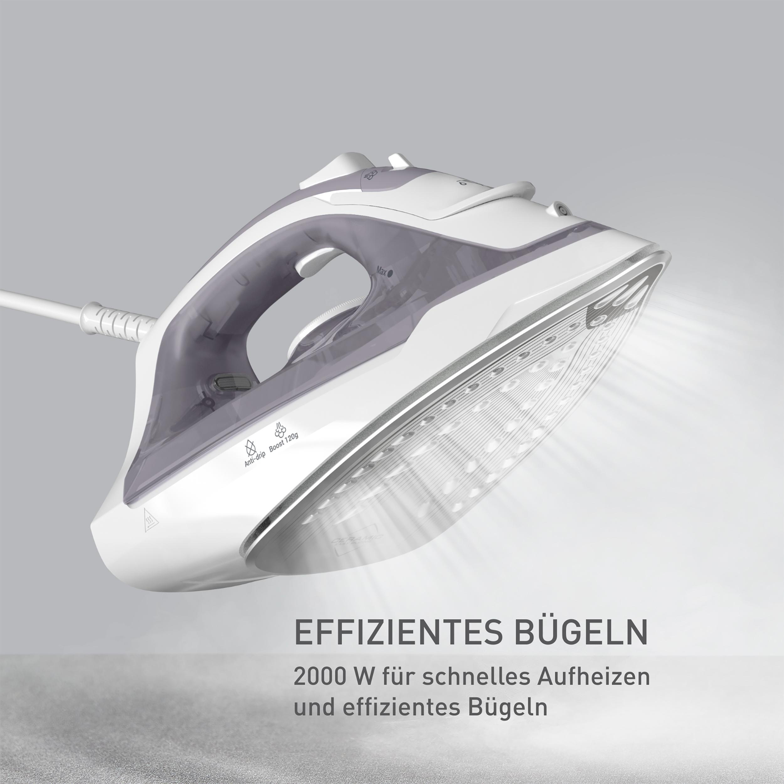 Weißes und graues Bügeleisen auf hellem Hintergrund mit der Aufschrift 'EFFIZIENTES BÜGELN'.