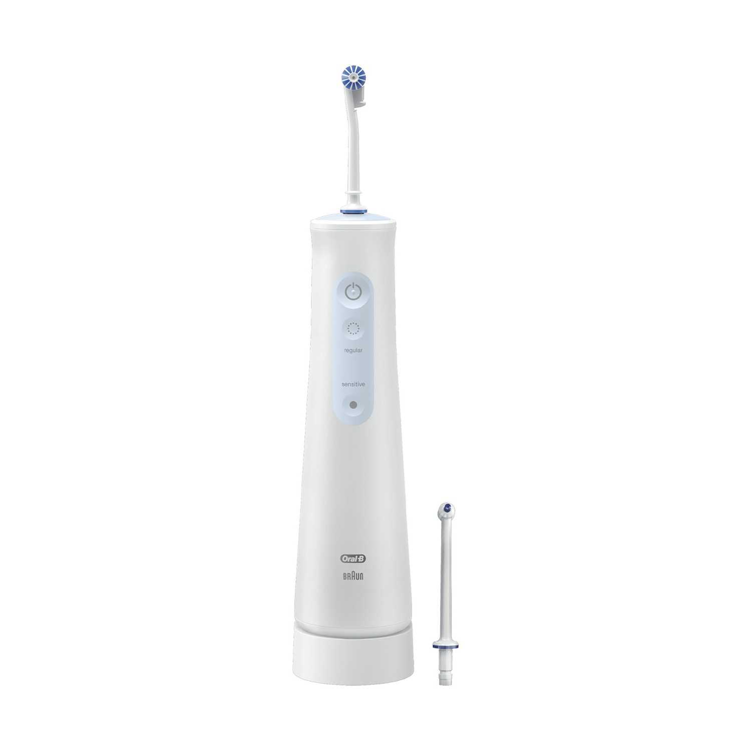 Idropulsore bianco con dettagli blu. Due punte e serbatoio dell'acqua visibili.