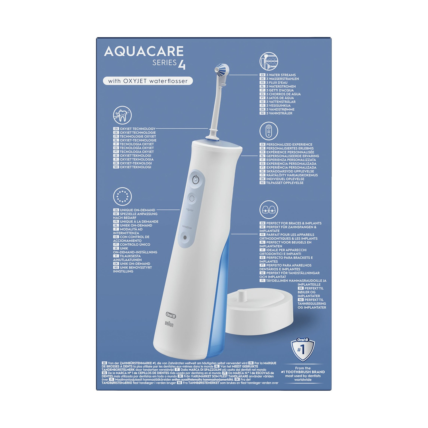 Idropulsore Aquacare bianco e blu, con la sua base, e un elenco di funzionalità in più lingue.