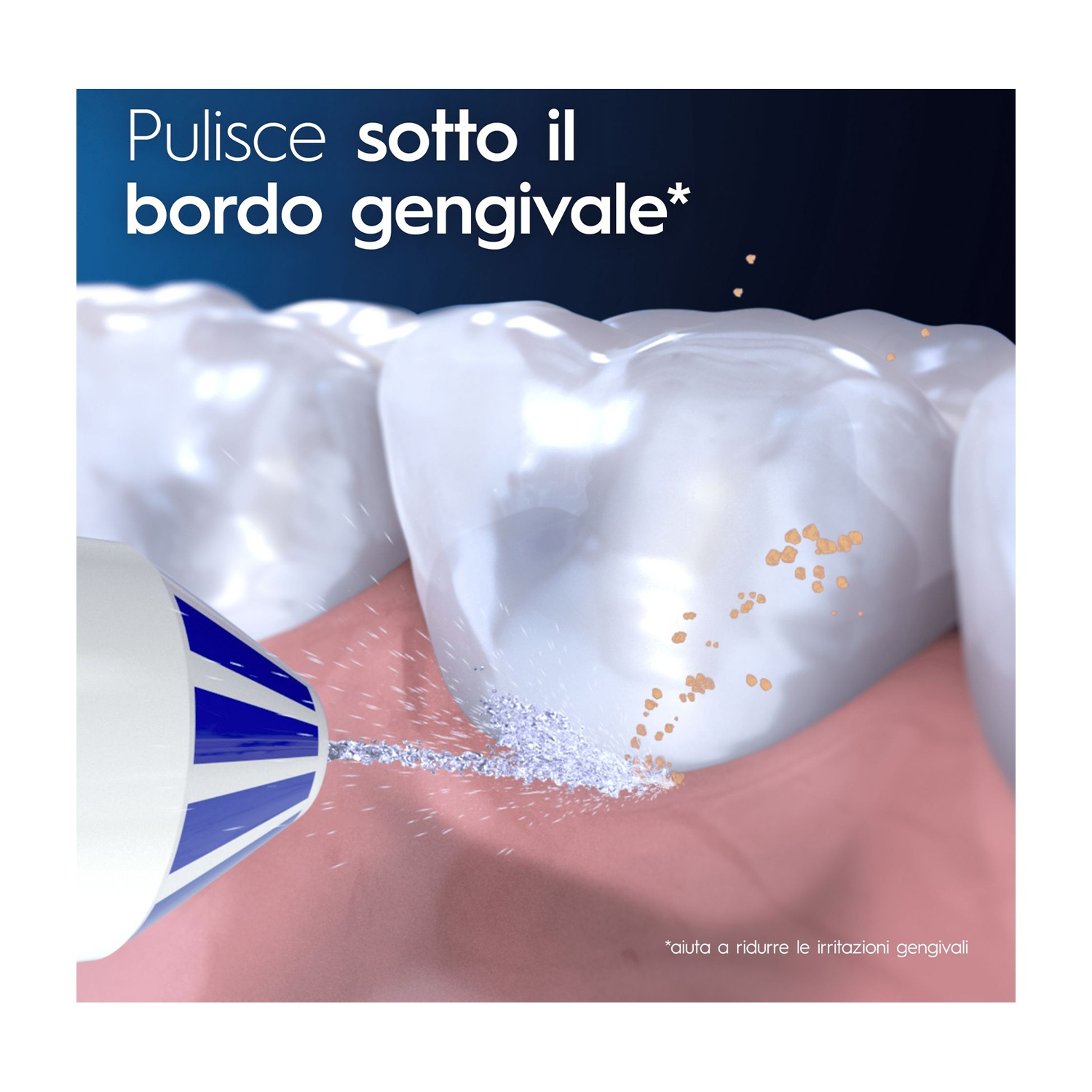 Idropulsore in azione, pulizia tra i denti, rimozione delle particelle. Primo piano della punta.
