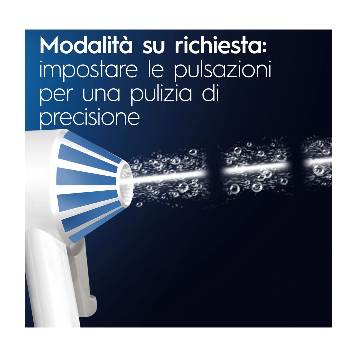 Un dispositivo bianco spruzza goccioline d'acqua, con testo: Modalità di pulizia di precisione.