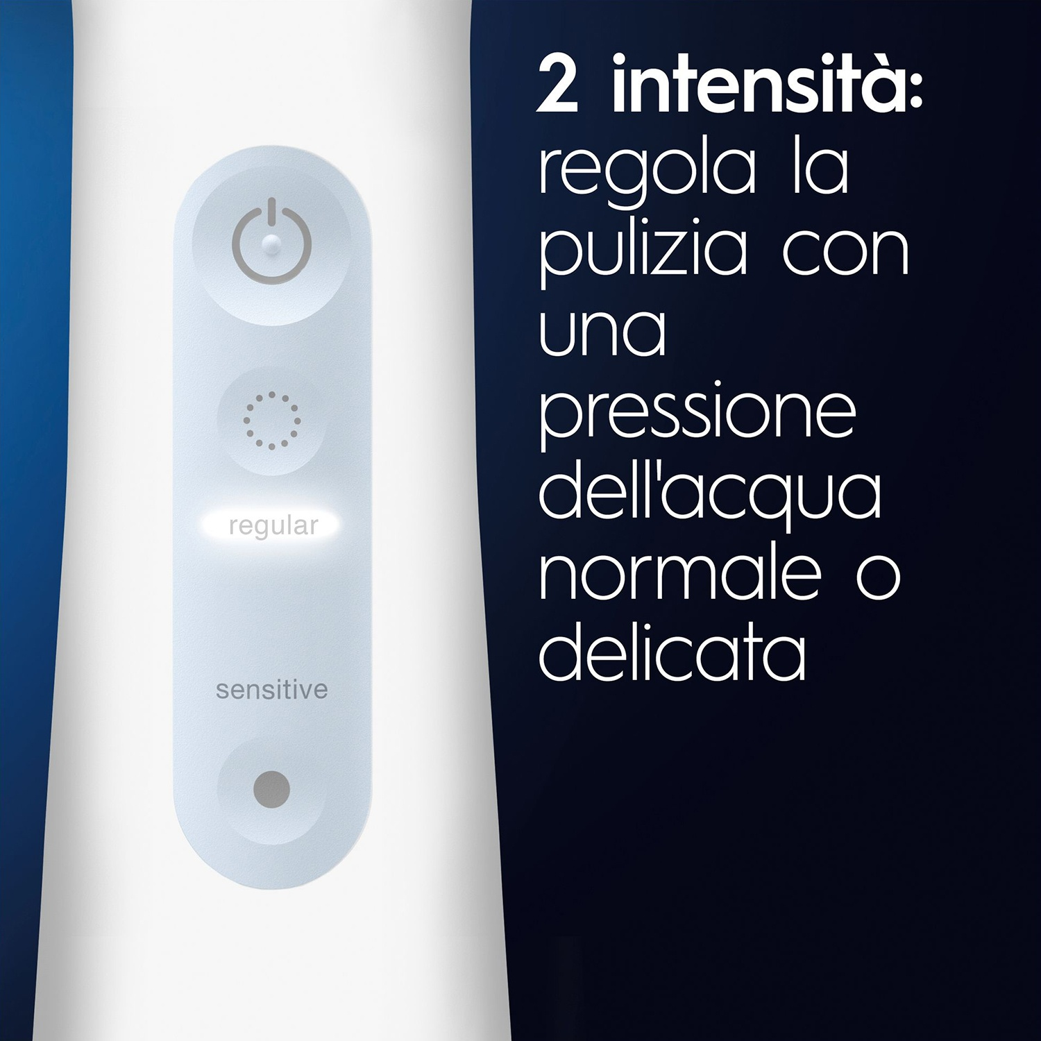 Primo piano dei comandi dell'idropulsore, con impostazioni di potenza e intensità: normale e delicato.