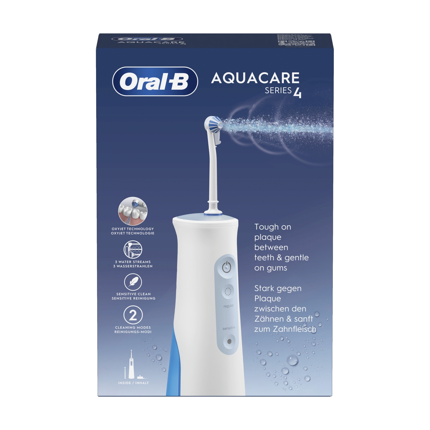 Scatola Oral-B Aquacare Serie 4. L'idropulsore è mostrato, con caratteristiche principali e modalità di pulizia.