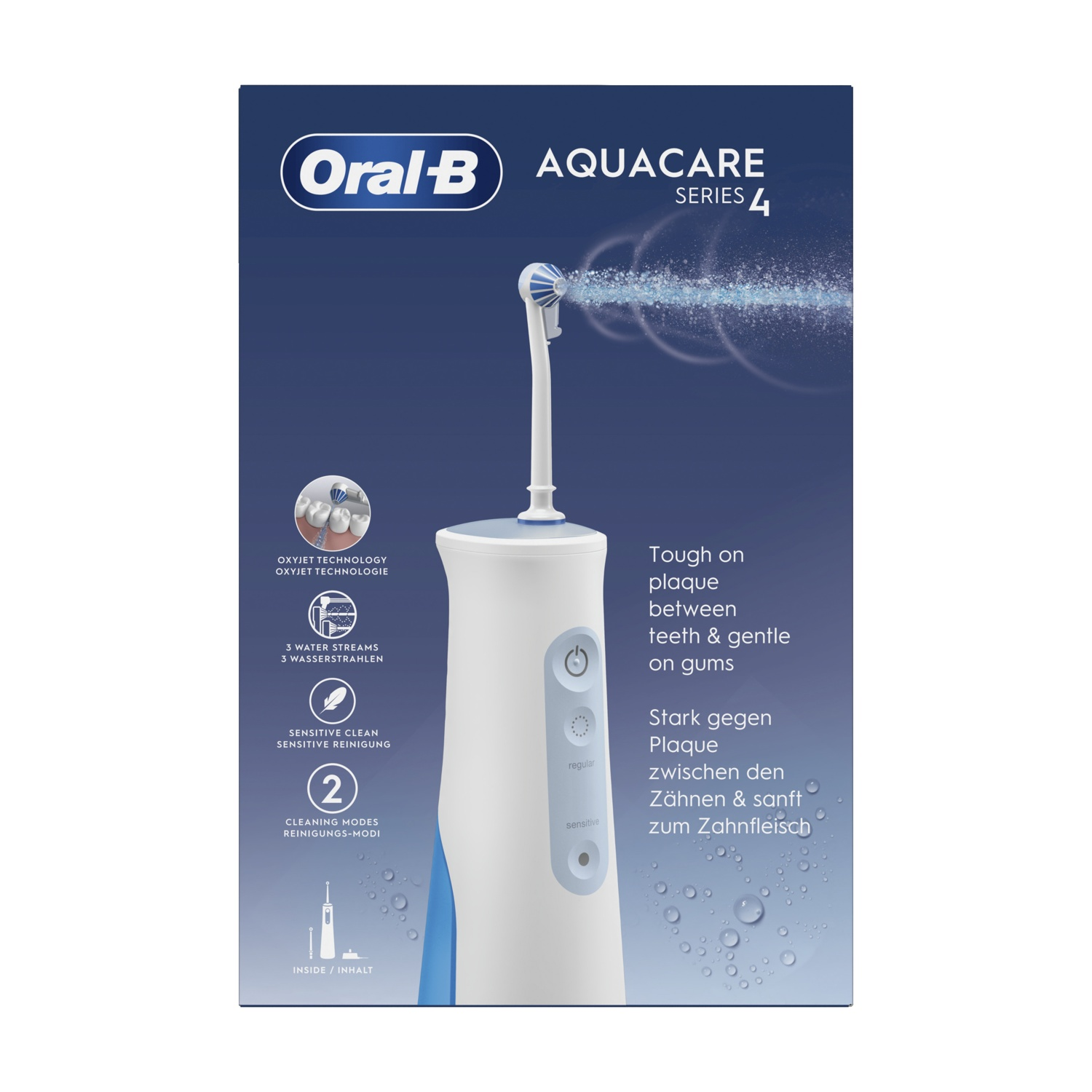 Scatola Oral-B Aquacare Serie 4. L'idropulsore è mostrato, con caratteristiche principali e modalità di pulizia.