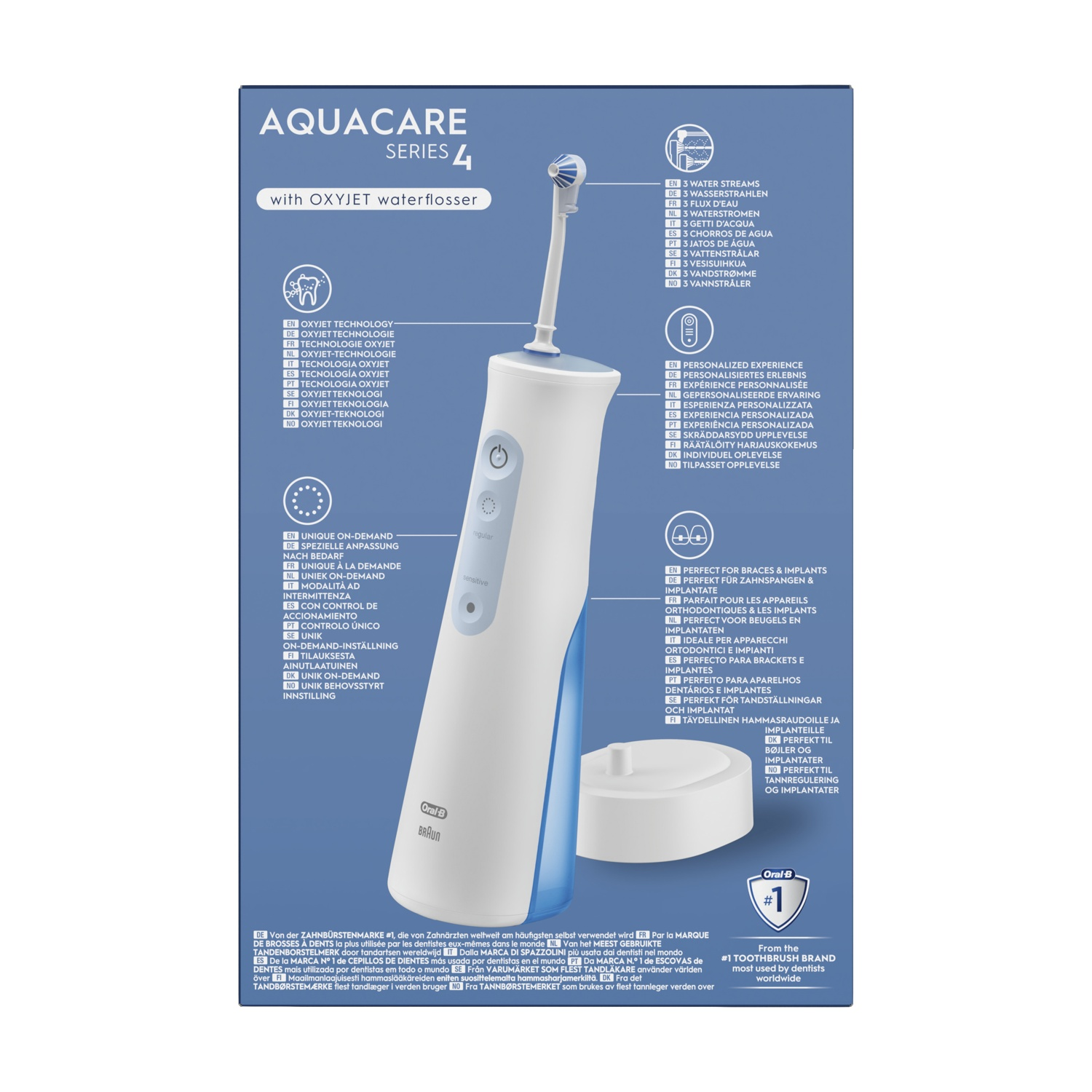 Idropulsore Aquacare bianco e blu, con la sua base, e un elenco di funzionalità in più lingue.