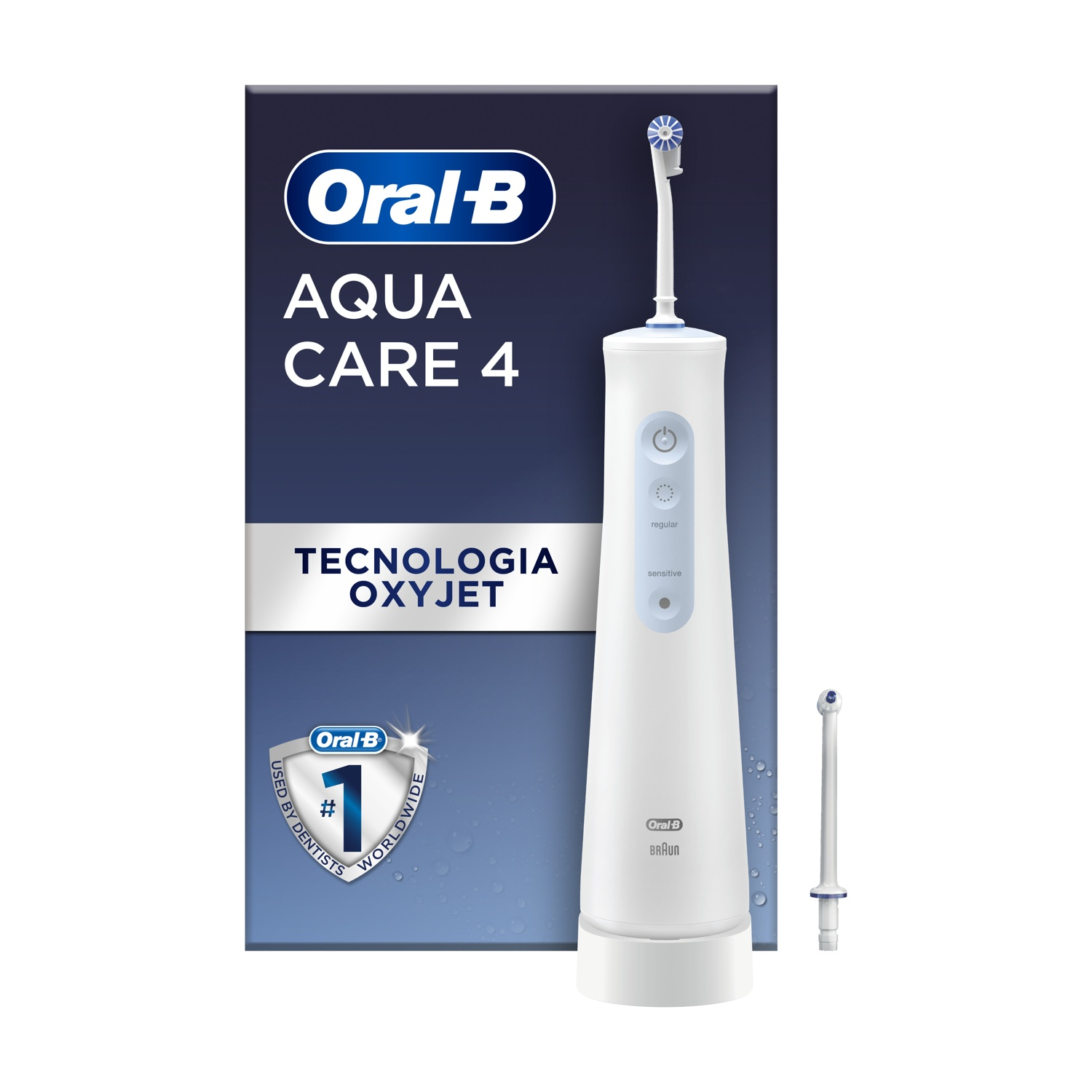 Idropulsore Oral-B Aqua Care 4, con testo e un ugello extra. Colori blu e bianco.