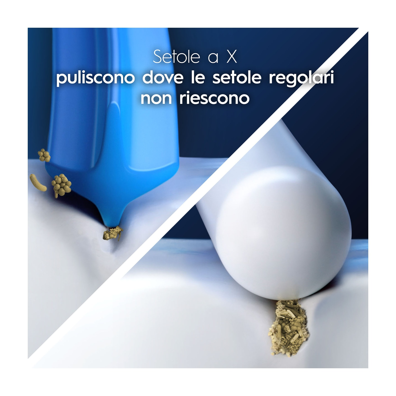 Primo piano dell'azione di pulizia della testina dello spazzolino. Setole blu e bianche, rimozione dei detriti.