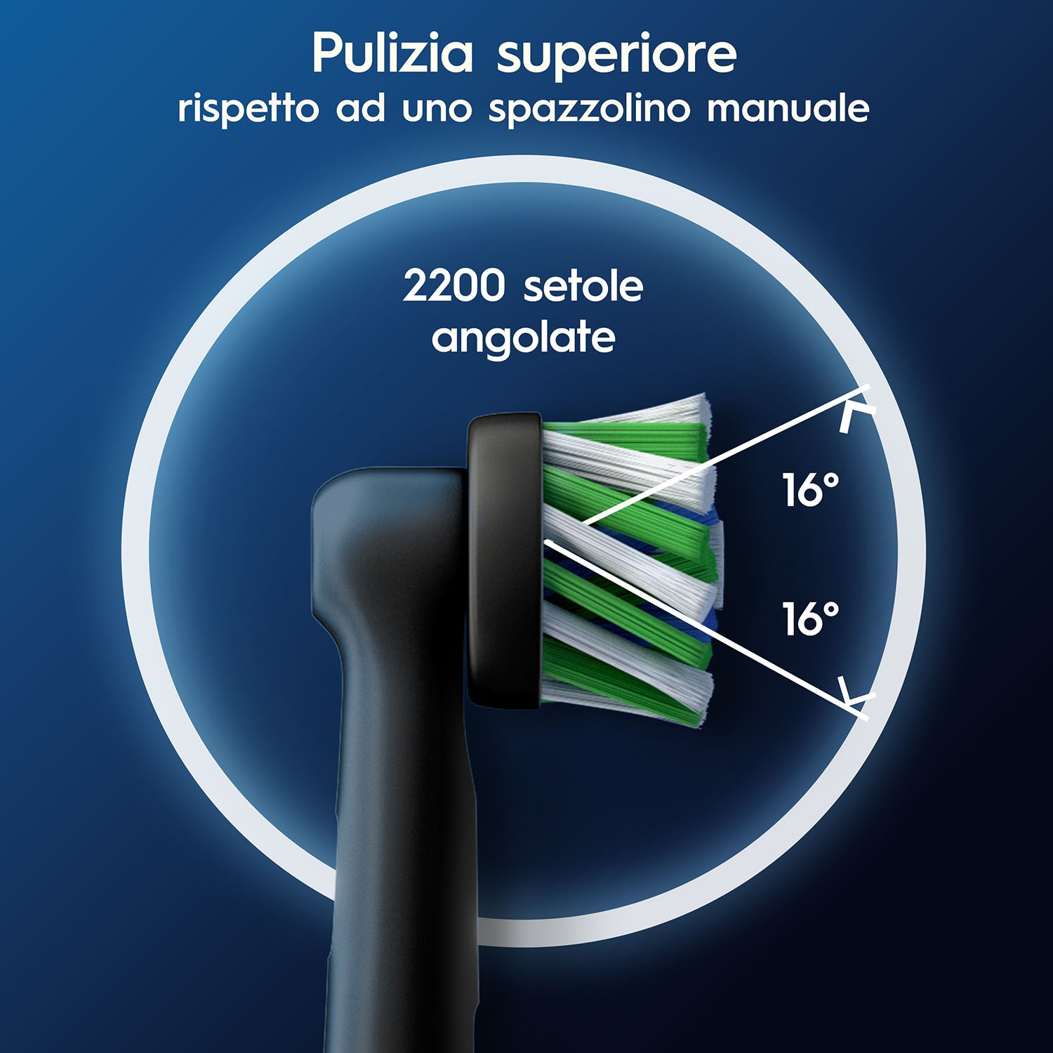 Testina spazzolino con setole angolate, manico nero, setole bianche e verdi.