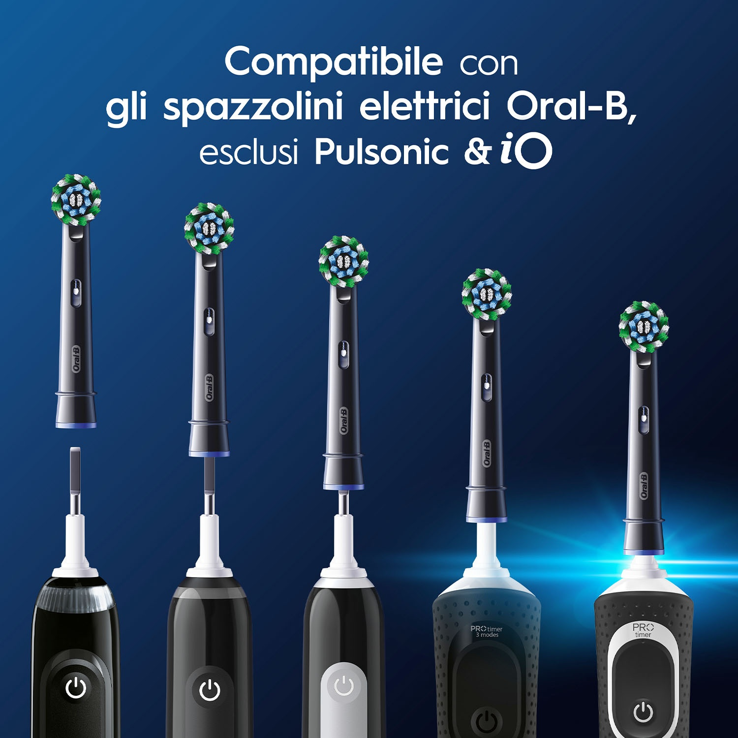 Una selezione di testine per spazzolini elettrici Oral-B, che mostrano vari modelli e design di spazzole.