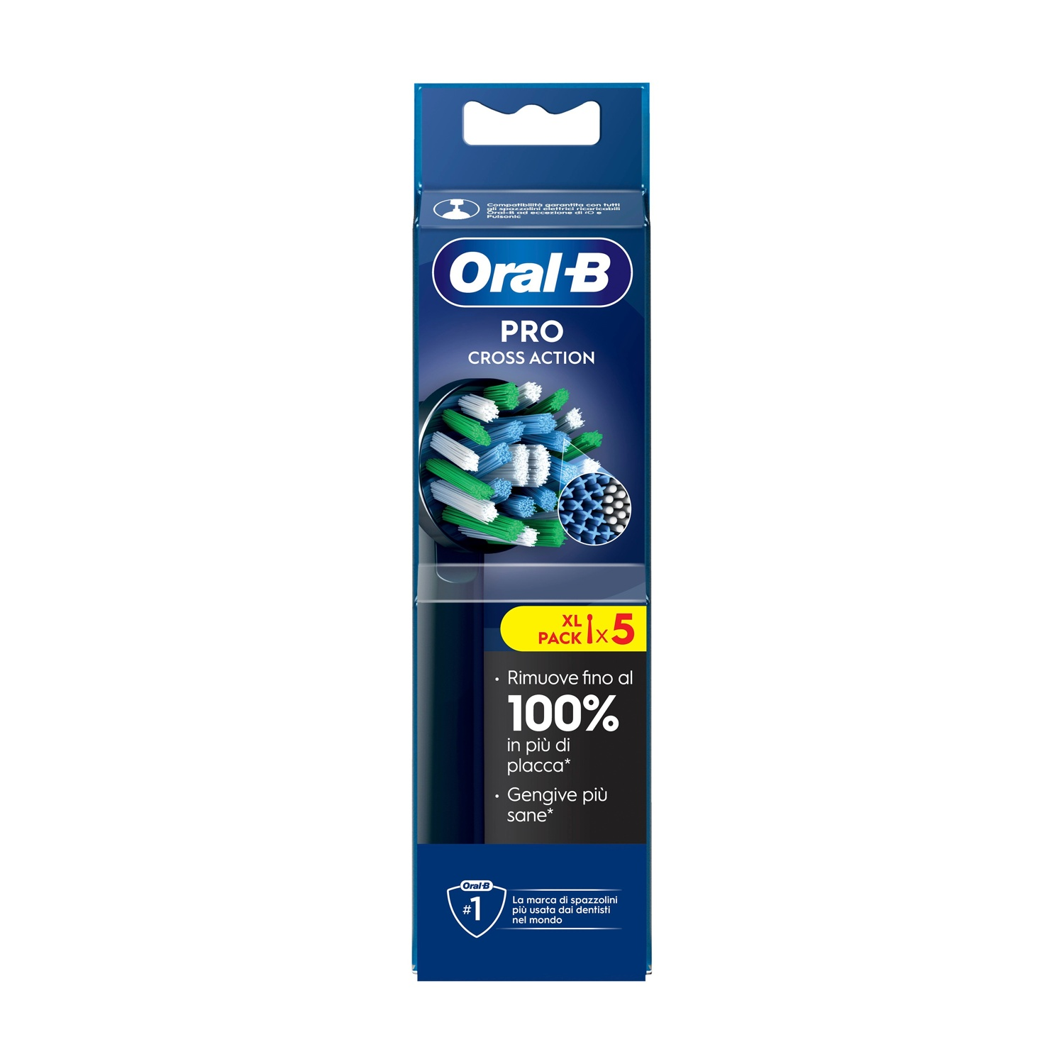 Testine per spazzolino Oral-B Pro CrossAction in una scatola blu. Mostra le testine in una confezione.