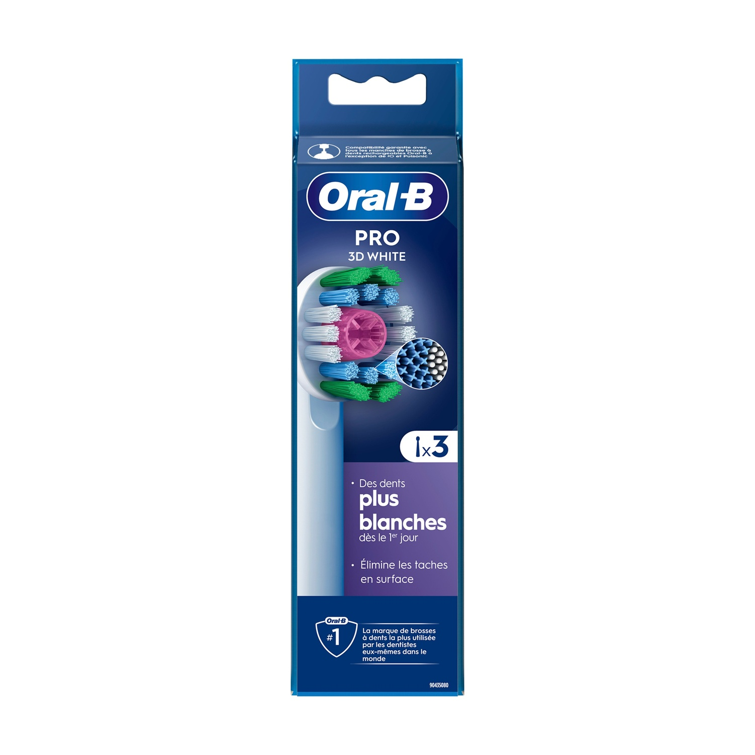 Testina per spazzolino con setole blu e rosa in una confezione. Testo: Des dents plus blanches des le 1er jour.