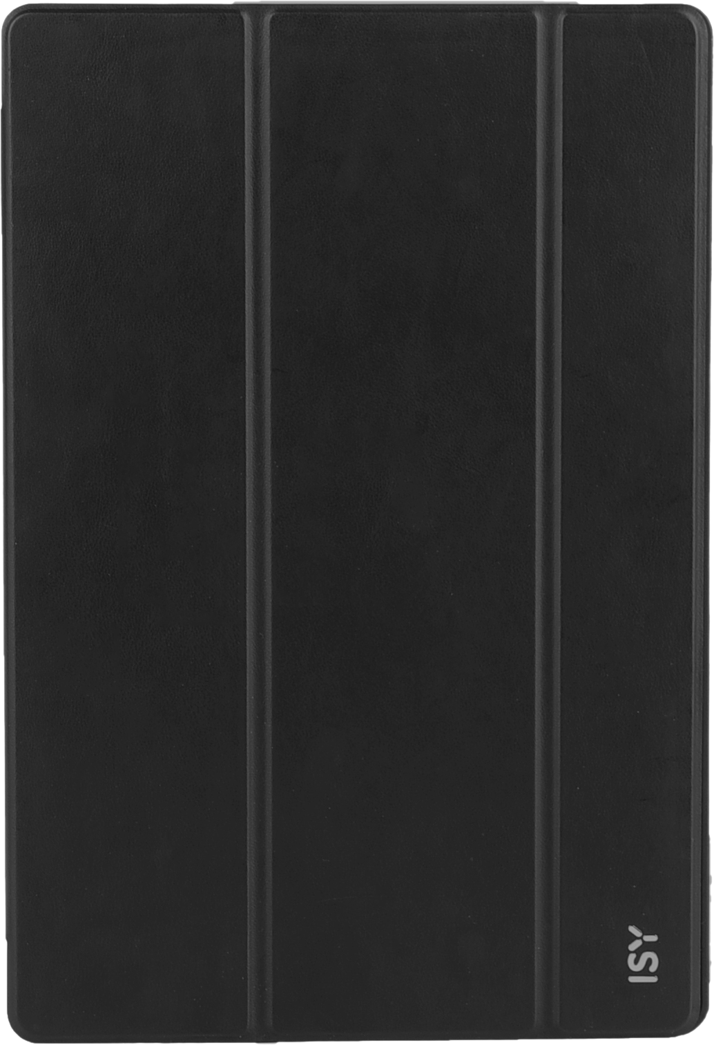 Custodia per tablet nera, pieghevole in tre parti, con il logo ISY nell'angolo.