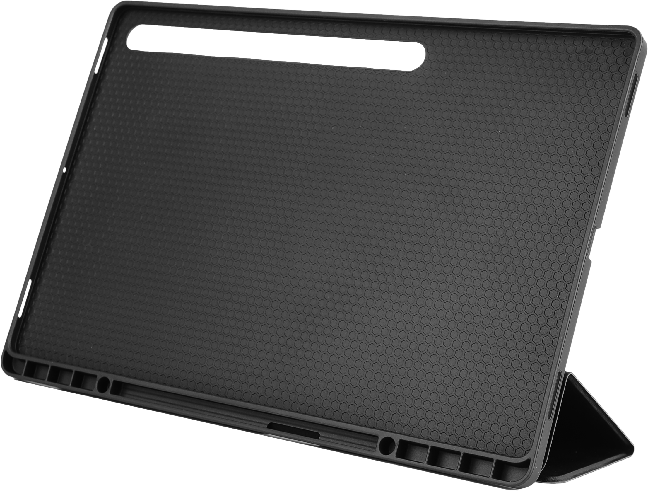 Custodia per tablet nera con motivo strutturato e un supporto.