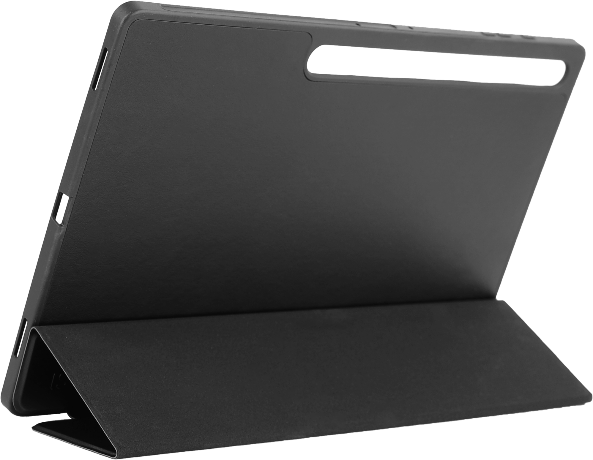 Custodia per tablet nera con funzione supporto, su sfondo bianco.