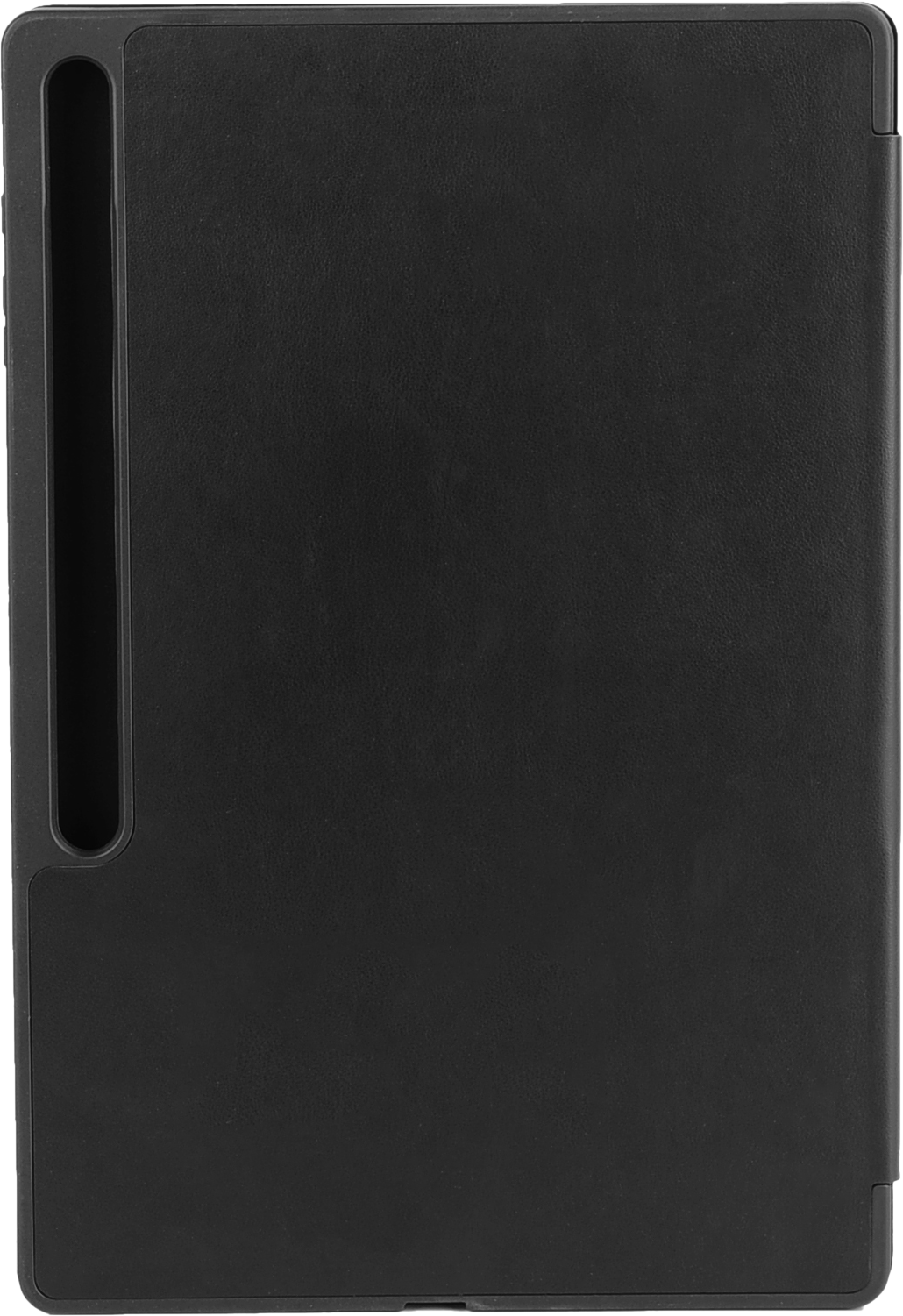Custodia per tablet nera chiusa, mostra la parte anteriore. Design semplice ed elegante.