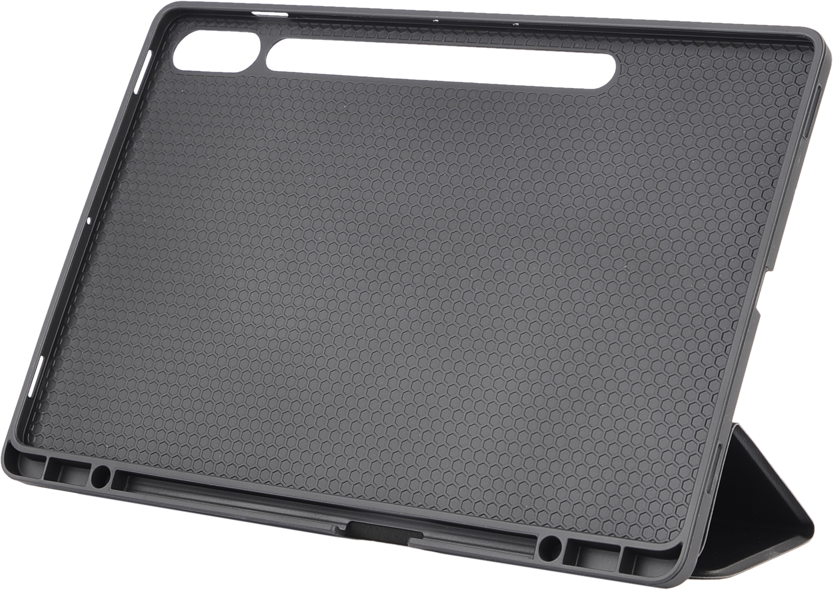 Custodia per tablet nera, vista interna, che mostra l'interno con motivo a nido d'ape.