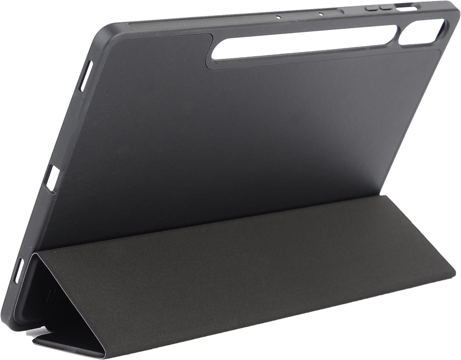 Custodia per tablet nera aperta, che mostra il tablet all'interno, ad angolo.