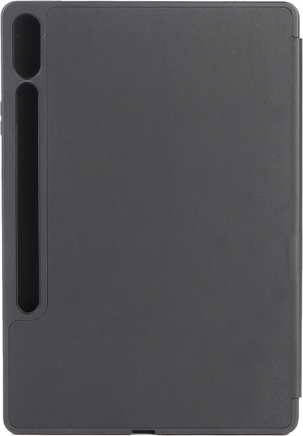 Custodia per tablet nera, mostra il lato con una fessura per la penna.