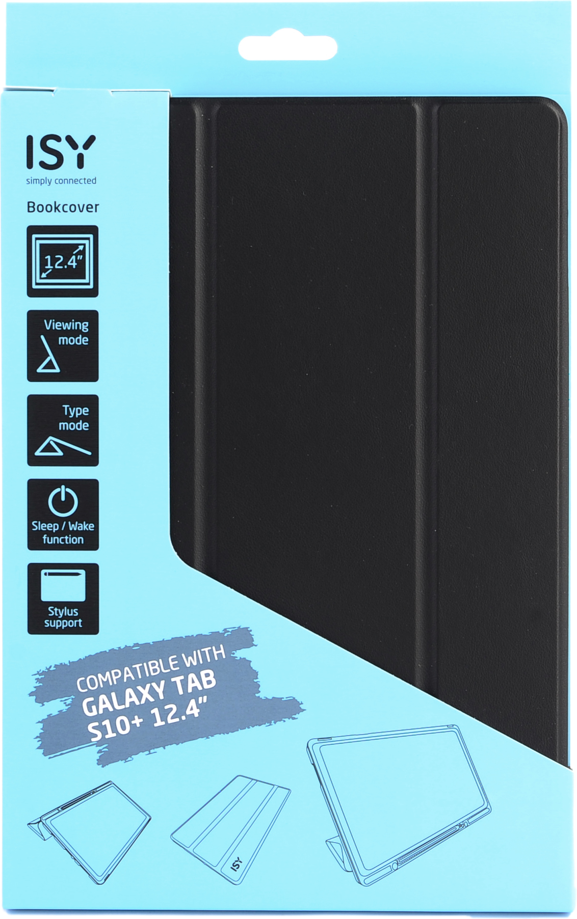 Confezione di custodia per tablet nera, con immagini del prodotto e marchio 'ISY'.