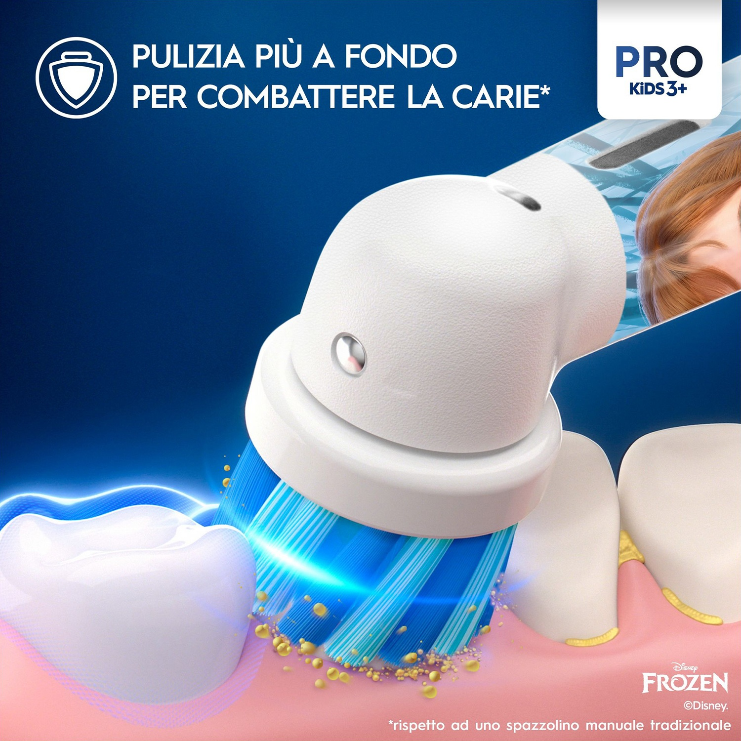 Una testina per spazzolino che pulisce i denti, con personaggi Disney Frozen nell'angolo e testo: Pro Kids 3+.